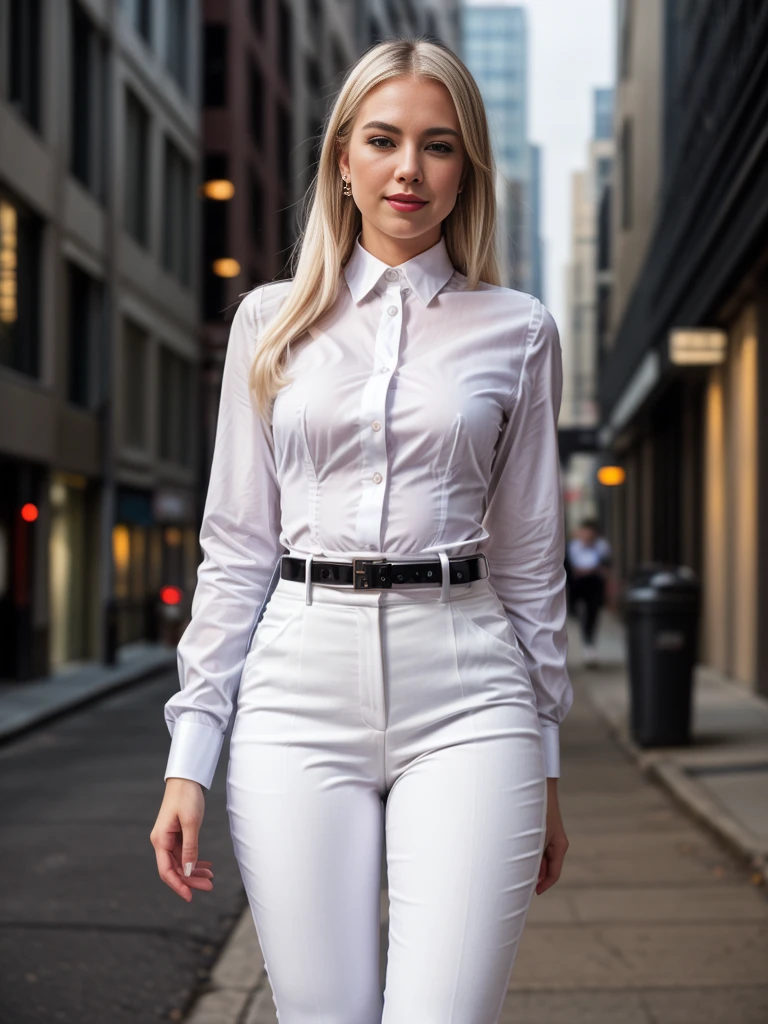 beautiful photograph of a smart looking office lady, solo, outdoors, standing against a midnight city skyline at, street light alleyway wearing a crisp (white, collared shirt), fine fabric emphasis, perfectly defined button detailing, (((black high-waisted pants))), belt, diamond stud earrings, (long sleek back, platinum blonde hair), stunning brown eyes, freckles, ((cheeky sensual smile)), slender figure, full body shot, photographed on a Fujifilm XT3, 80mm F/1.7 prime lens, cinematic film still, cinestill 500T, highly detailed, masterpiece, highest quality, intricately detailed, HDR, 8k, uhd, photorealistic