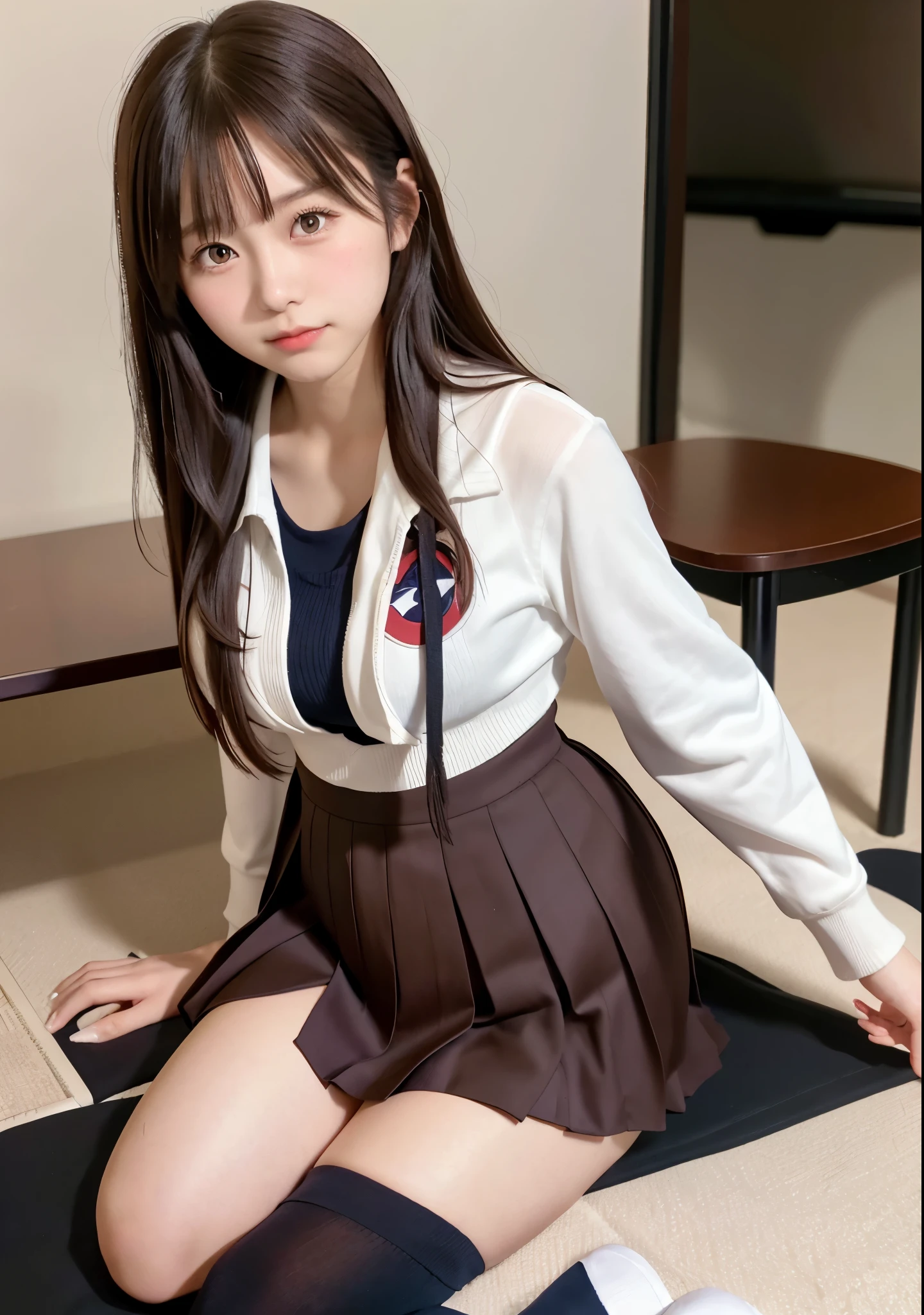 Looking at camera, cleavage, Japanese high school student's sailor suit, Japanese high school student's pleated skirt, loose socks, Japanese high school student's school bag, makeup, 21 years old, girl, brown hair, long hair, dark eyes, big breasts, big butt, thick Legs, erotic poses, sexy poses,