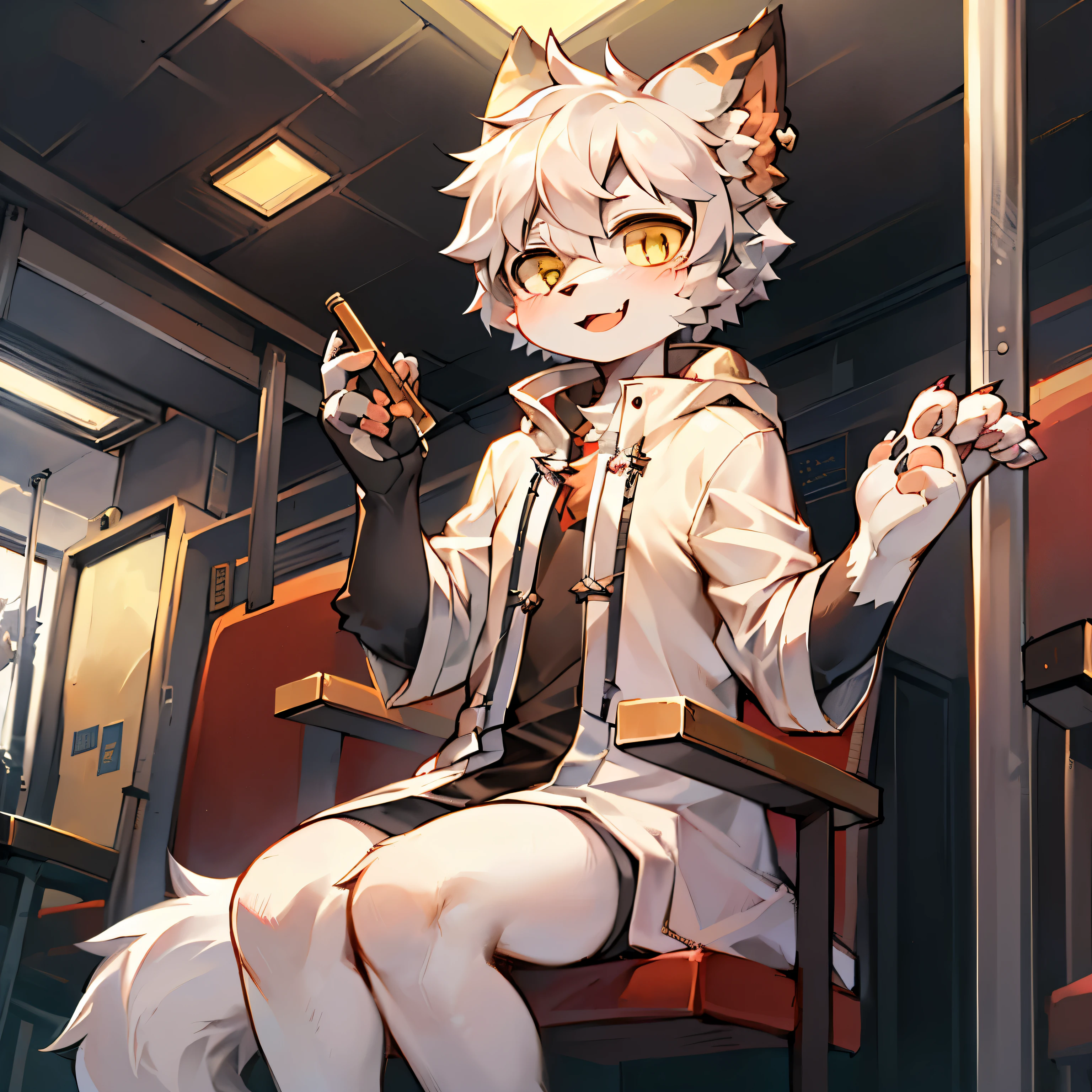Bright Eyes, Portrait full body photo, Avatar frame, Character focus, alone, hairy, hairy male cat, 雌性黄白fur, light eyes, white头发 (long) style, Little cute, 会卖charming, 身穿白色風衣and白紅色褲子_focus, 只有一条大白色Tail,Wolf_,human nature,已Dominant传,alone,Dominant_Body,,miss_focus,furry_凱姆and奧,furry_miss,beast,young_beautiful girl,aldult,Mature,11_years_old,kawaii,charming,cool,handsome. deTailed_Brushedy_fur,Tufted,(white_fur,Body_fur,Oil_skin,skin_and_Brushedy_fur:1.3),animal_nose,animal_ear_Brushed,Brushedy_paw,paw pads,animal_hand,Brushedy_Big deal_Tail。(White hooded cape trench coat:1.5),Short miss hair,white gray hair,yellow eyes,clear eyes,Bangs,Open your mouth slightly,Smile and,light blush,raised his hand,,Sitting on a chair in the subway station,(Keep your feet apart,Seated positi在:1.2),looking at the audience。 street view。
