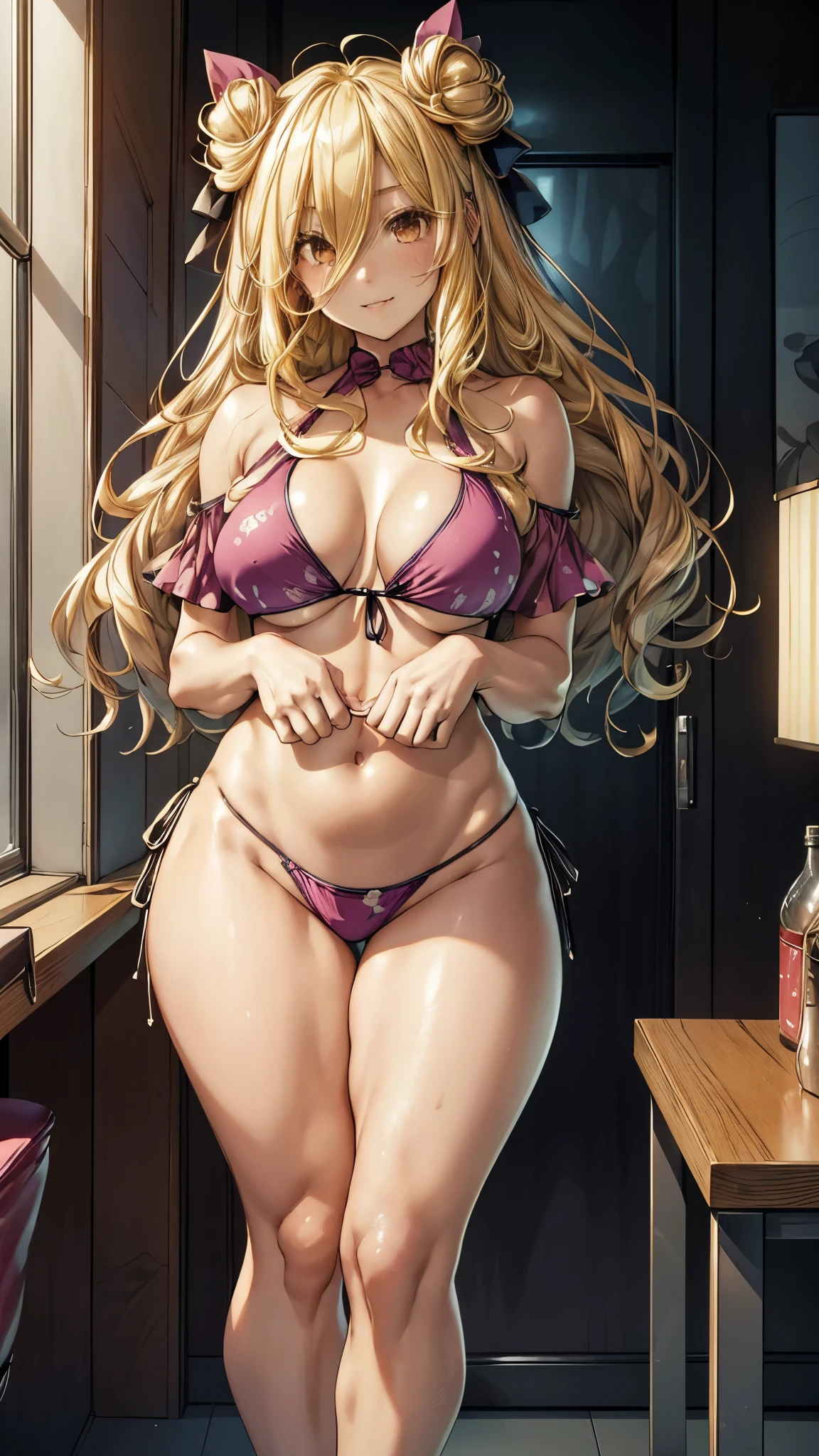 Mukuro is a beautiful young woman with a voluptuous body, having a bust considered disproportionately large for her physical age. She has golden eyes combined with flowing blonde hair that is longer than her own body. She ties her hair in an Odango hairstyle and wears ribbons around her buns, she has muscular legs and a muscular stomach, a small waist, and (((wears a very sexy and small bikini that leaves her entire backside exposed and her breasts exposed) )), showing her foot, {{{full body photo}}}, (((in the motel room))), (((giant breasts))), Big Breasts, just breasts, Huge Breasts, bare feet, smile cute looking at me, ((backward)), showing her big ass to me, very sexy, (bare legs)