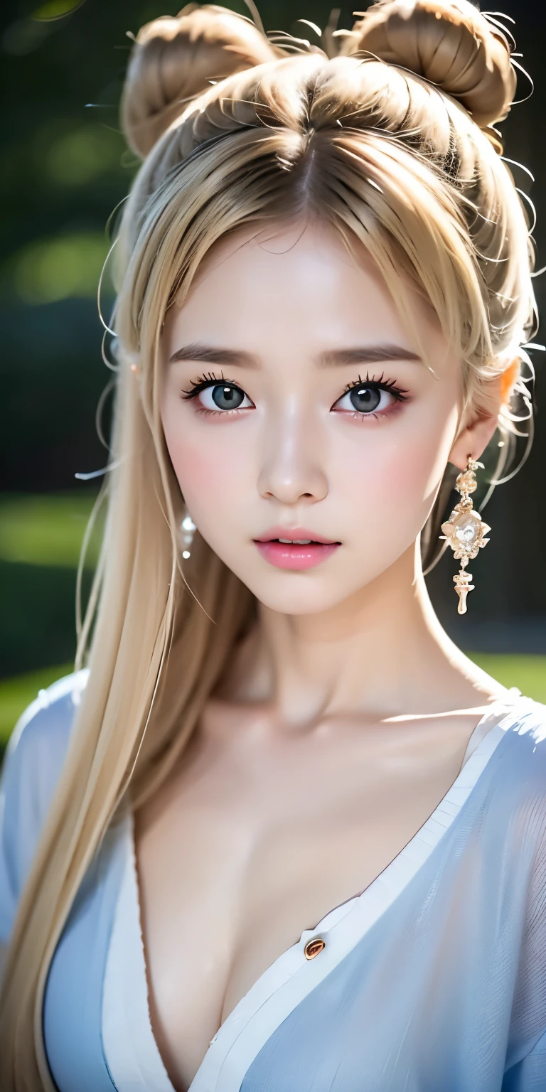 pretty girl, (ash blonde hair), ((very bun hair)), perfect face, No expression,(((12talent)))、、、 Upper body,(Cerulean Eyes), (yan), (), (thin), ((flat chest)), ((16 only)), skin dents, extreme details, attractive oval face, red lips, pink, Glossy skin, fine hair, face focus, close up of chest, luxurious hair ornament, gold earrings, ((1 girl)), embarrassed look,