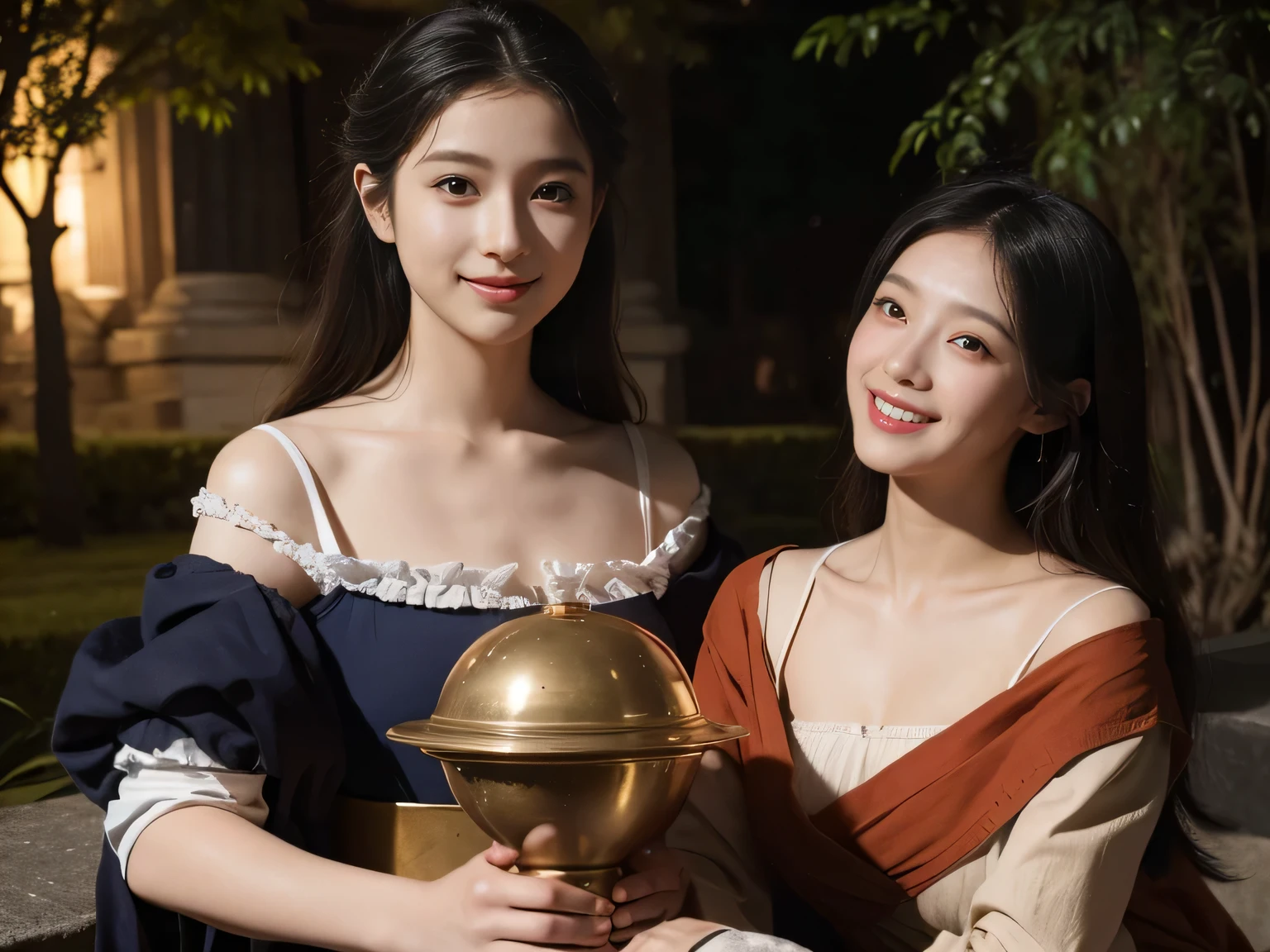 Giorgione'painting style,A conversation between two female philosophers,math、astronomical machine、astronaut、roses in vase、fruits、Cute trinkets、smile、ancient greek costume、The background is a forest lake at night 、Clothes that stretch your shoulders、A big smile、beautiful bare skin、A detailed representation of the seducing woman throughout her body...full body portrait, ancient roman ruins, Poussin style night view, A smile, , sweet and enchanting appearance.、caravaggioの絵画、caravaggio'chiaroscuro、My hair was messed up by the wind, Two women having fun, Cute smile, expression of ecstasy, sexy, erotic