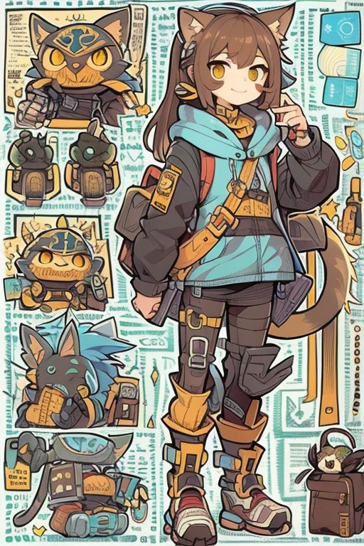 Boyish girl and creepy cute monster buddy、anime-like、Adventurer、A determined smile、Brown hair with light blue mesh、Monocle with analytical ability、Sporty、Emblem with the Ouroboros ring motif、cap with cat ears、He is equipped with a mechanical gauntlet on his right hand.、orange hoodie、Knee guard、lace up boots、One Shoulder Bag、************。character design sheet、The monster is inspired by Giger.、ExpeditionStyle、Monster is mshn robo style、Card game style