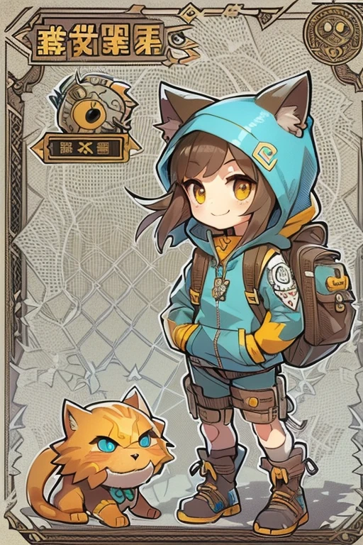 Boyish girl and creepy cute monster buddy、anime-like、Adventurer、A determined smile、Brown hair with light blue mesh、Monocle with analytical ability、Sporty、Emblem with the Ouroboros ring motif、cap with cat ears、He is equipped with a mechanical gauntlet on his right hand.、orange hoodie、Knee guard、lace up boots、One Shoulder Bag、16 years old。character design sheet、The monster is inspired by Giger.、ExpeditionStyle、Monster is mshn robo style、Card game style