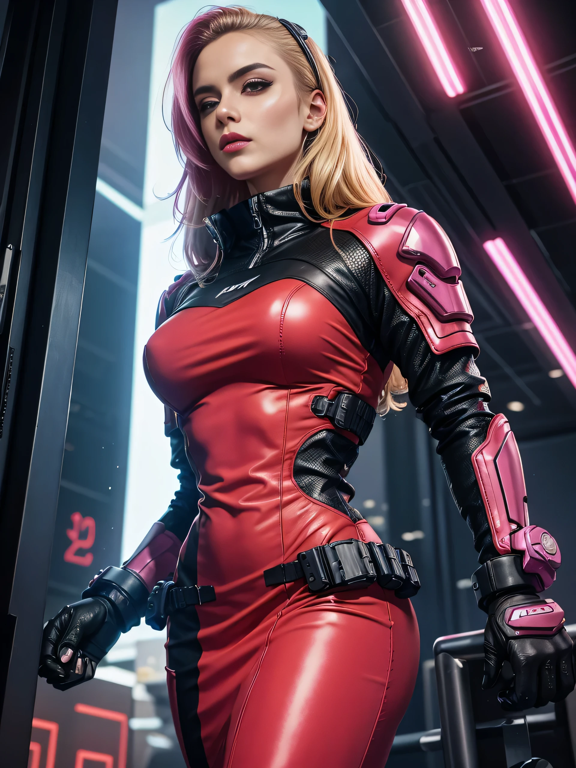 1 girl, best quality, highres, textured skin, 8k, Anatomically correct, masterpiece:1.2, photo-realistic:1.2, cowboy shot, super realistic details, Realistic proportions, extremely detailed face, round face, round eyes, glamorous body, curvy:1.2, looking at viewer, (((female special forces soldier, highly intricate detail special forces costume, heavy Armed woman:1.5, Woman armed with gun:1.2, Very tight combat pink suit with various decorations:1.5, special forces crest:1.5, modern equipment, tactical vest ,military harness, magazine belt, mechanical parts, Telecommunications equipment,))) Confident smile, stylish hair, small breasts, visible cleavage, gleaming skin, TOKYO of cyberpunk, 2080s, night scene, Beautiful Neon Lights, Rooftops of high-rise buildings,Heliport on the roof of the building, A scene from a movie, cinematic lighting, cinematic shadows, vibrant colors, feminine yet authoritative, attention to facial features and makeup, depth of field, Futurism,mix4,SWAV