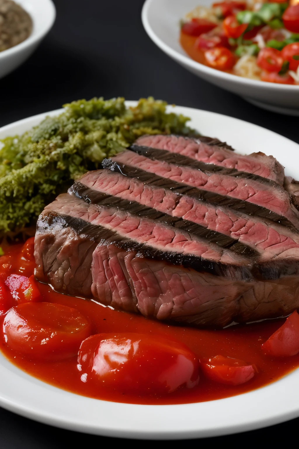 The steak, nestled on the dark background of the board, is bathed in a succulent pool of spices and tomatoes, its dark gray and crimson hues standing out in stark contrast. In this wide shot, every detail is captured in close-up precision, each textured crevice of the meat visible under the softbox lighting. The tabletop photography exudes a photo-realistic stillness, the uhd image --ar 4:3 --s2 framing the scene with meticulous clarity. The 55mm f/1.9 Steinheil Quinon lens renders every detail in soft, rich focus, ensuring that the spices and tomatoes mirror the steak