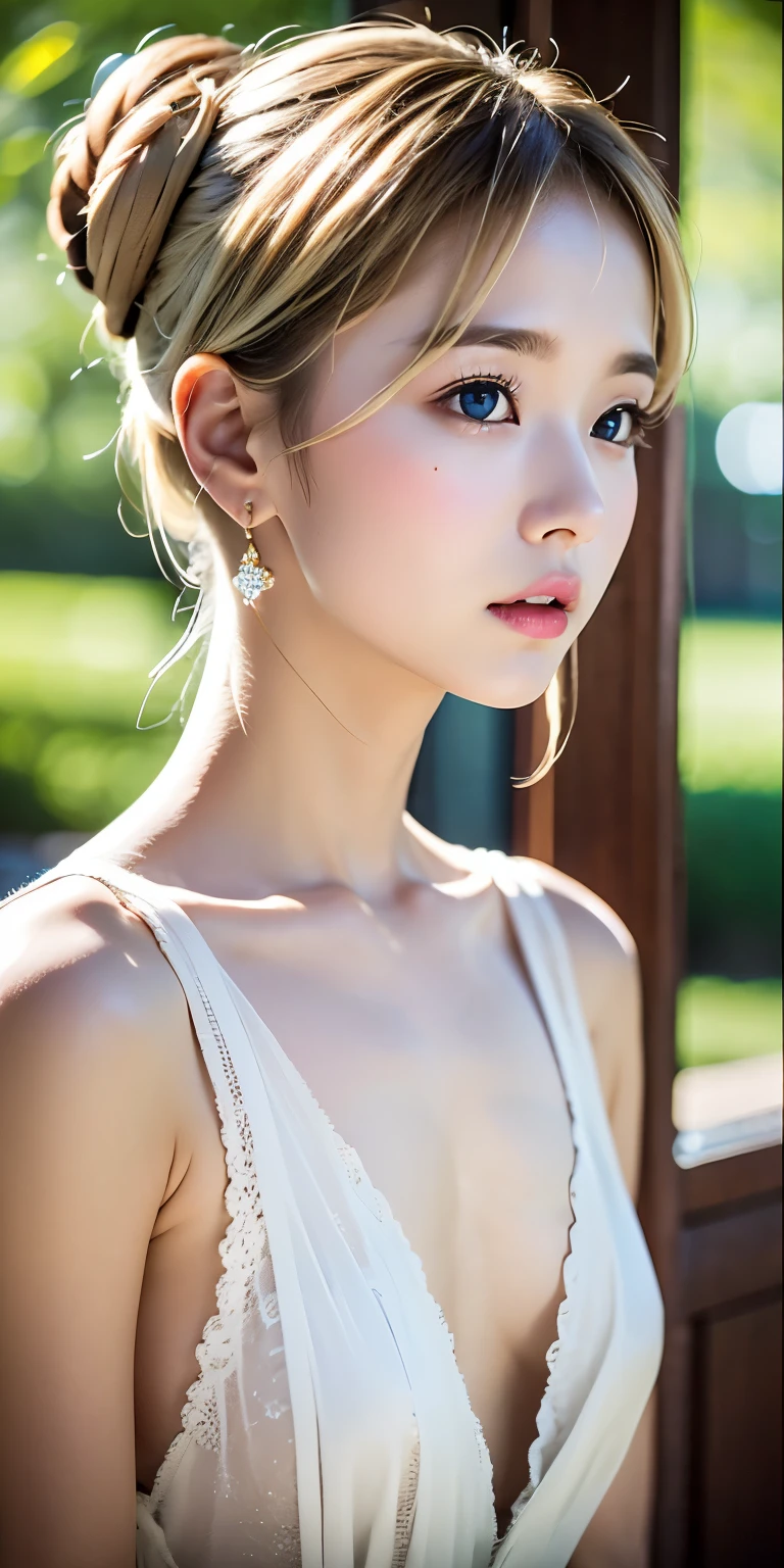 pretty girl, (ash blonde hair), ((very bun hair)), perfect face, No expression,(((１２talent)))、baby face、、 Upper body,(Cerulean Eyes), (yan), (), (thin), ((flat chest)), ((16 only)), skin dents, extreme details, attractive oval face, red lips, pink, Glossy skin, fine hair, face focus, close up of chest, luxurious hair ornament, gold earrings, ((1 girl)), embarrassed look,