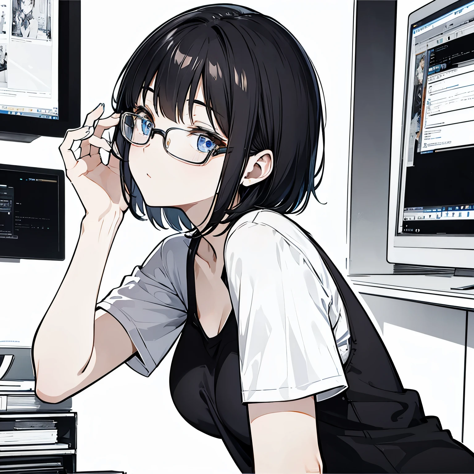 masterpiece, highest quality, very detailed, anime 、sex、R-18  ,short hair、black hair、tits、good、Bangs straight、1 girl、girl、、Through the T-shirt、wearing a t-shirt、big breasts、Upper body、(turn your butt)、Glasses、drawing、pencil