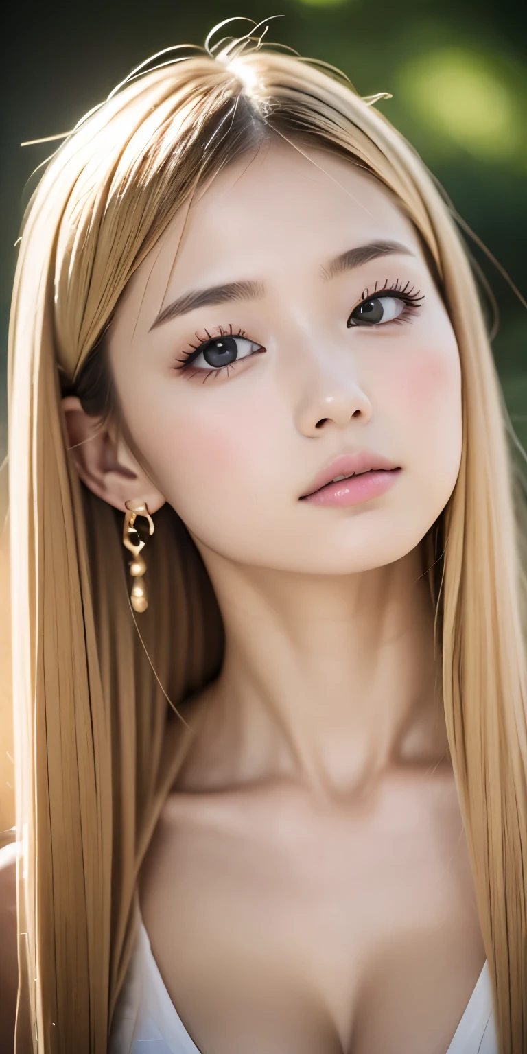 pretty girl, (ash blonde hair), ((very bun hair)), perfect face, No expression,(((１２talent)))、baby face、、 Upper body,(Cerulean Eyes), (yan), (), (thin), ((flat chest)), ((16 only)), skin dents, extreme details, attractive oval face, red lips, pink, Glossy skin, fine hair, face focus, close up of chest, luxurious hair ornament, gold earrings, ((1 girl)), embarrassed look,