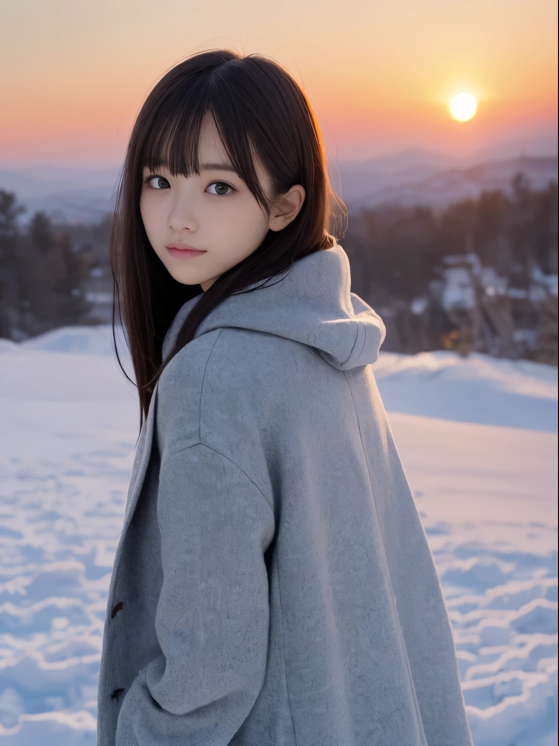 (Dressed in winter uniform with winter coat and scarf、Close up focus on the face of a slender girl with long hair with blunt bangs :1.5)、(A girl looking back with a sad face:1.5)、Scarf、light shines on your face、(Girl's hair fluttering in the wind:1.5)、(Beautiful snowy sunset red sky:1.5)、(perfect anatomy:1.3)、(no mask:1.3)、(full finger:1.3)、realistic、photograph、table top、highest quality、High resolution, delicate and beautiful、perfect face、detailed and beautiful eyes、Fair skin、real human skin、pores、((thin legs))、(black hair)