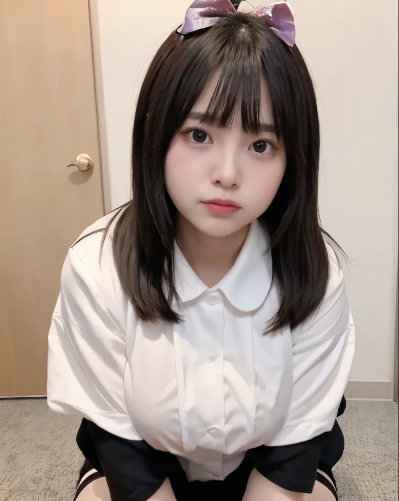 Lie on your back on the tatami mat　　Touch your crotch with your hands　(8-year-old girl)　Plain white shirt　I can see your chest　Black Grey Skirt　semi-long　Open your mouth　Glaring face　Show me your breasts　