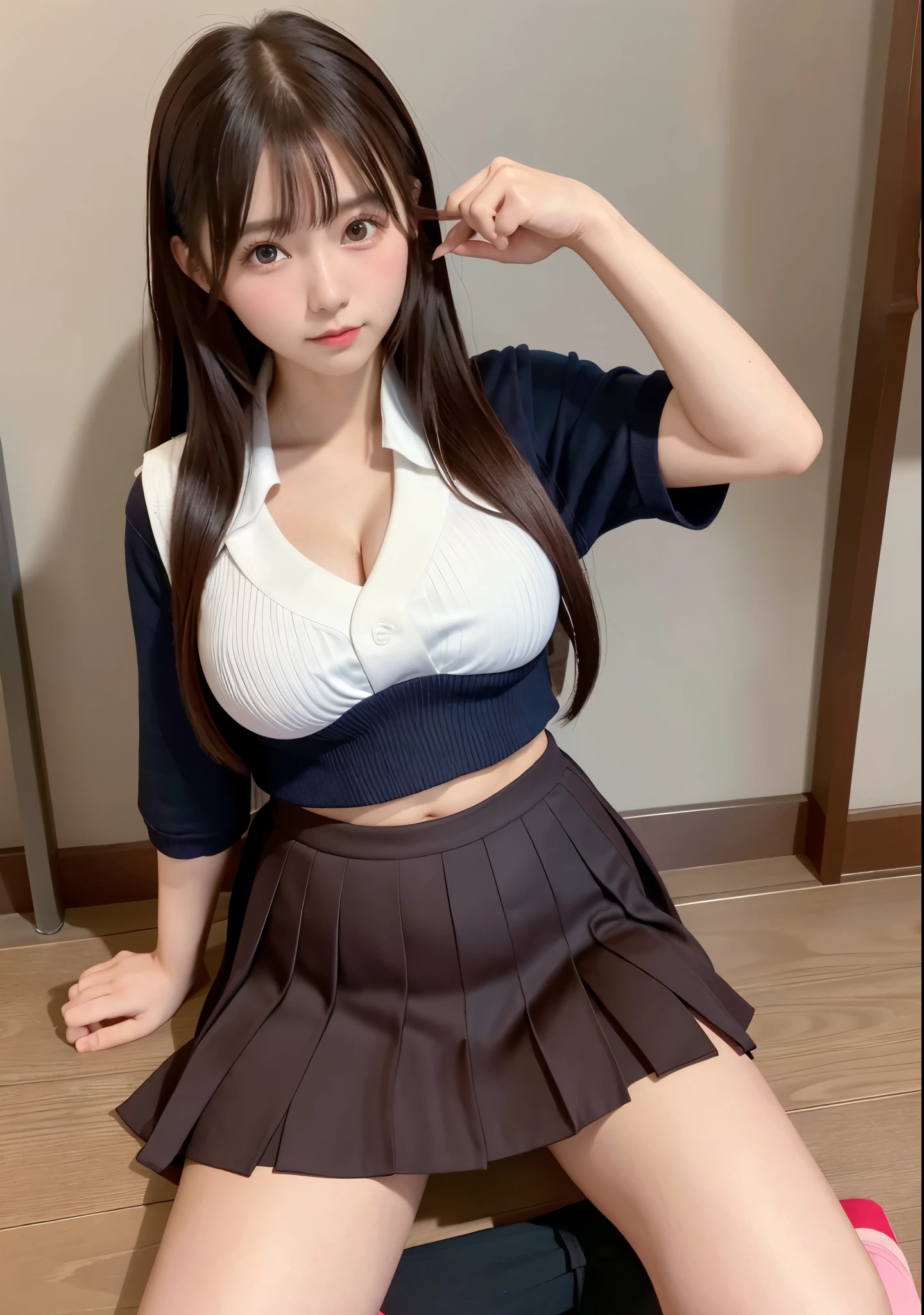 Looking at camera, cleavage, Japanese high school student's sailor suit, Japanese high school student's pleated skirt, loose socks, Japanese high school student's school bag, makeup, 21 years old, girl, brown hair, long hair, dark eyes, big breasts, big butt, thick Legs, erotic poses, sexy poses,