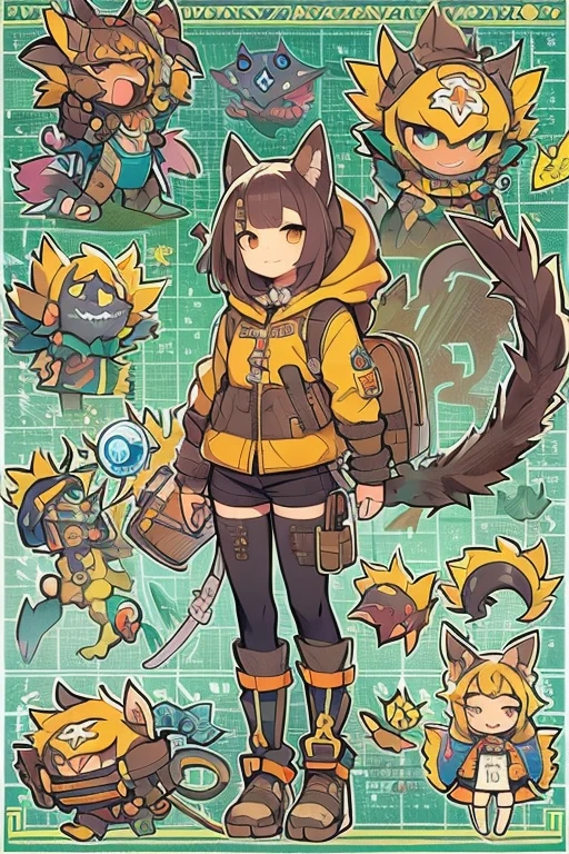 Boyish girl and creepy cute monster buddy、anime-like、Adventurer、A determined smile、Brown hair with light blue mesh、Monocle with analytical ability、Sporty、Emblem with the Ouroboros ring motif、cap with cat ears、He is equipped with a mechanical gauntlet on his right hand.、orange hoodie、Knee guard、lace up boots、One Shoulder Bag、************。character design sheet、The monster is inspired by Giger.、ExpeditionStyle、Monster is mshn robo style、Card game style