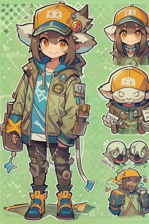 Boyish girl and creepy cute monster buddy、anime-like、Adventurer、A determined smile、Brown hair with light blue mesh、Monocle with analytical ability、Sporty、Emblem with the Ouroboros ring motif、cap with cat ears、He is equipped with a mechanical gauntlet on his right hand.、orange hoodie、Knee guard、lace up boots、One Shoulder Bag、************。character design sheet、The monster is inspired by Giger.、ExpeditionStyle、Monster is mshn robo style、Card game style