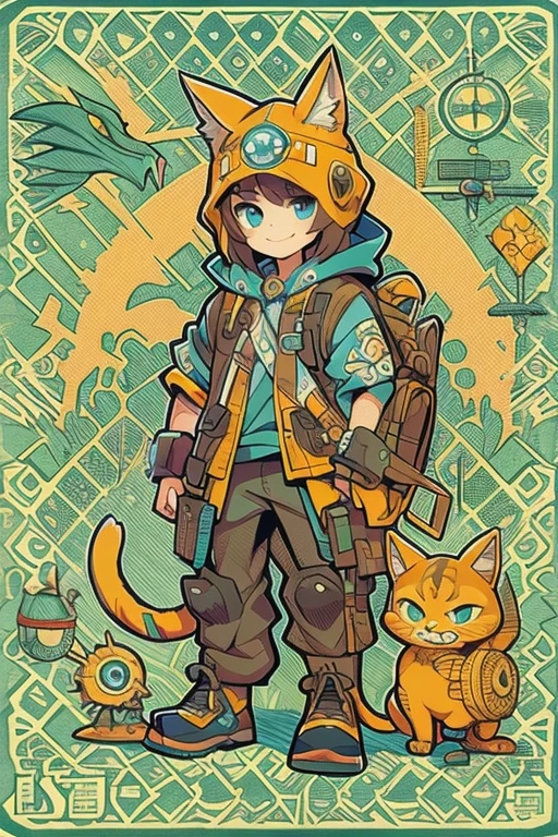 Boyish girl and creepy cute monster buddy、anime-like、Adventurer、A determined smile、Brown hair with light blue mesh、Monocle with analytical ability、Sporty、Emblem with the Ouroboros ring motif、cap with cat ears、He is equipped with a mechanical gauntlet on his right hand.、orange hoodie、Knee guard、lace up boots、One Shoulder Bag、16 years old。character design sheet、The monster is inspired by Giger.、ExpeditionStyle、Monster is mshn robo style、Card game style