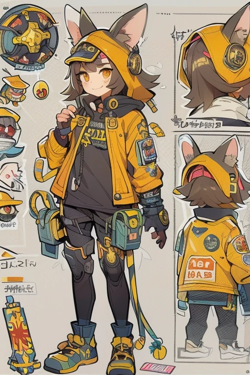 Boyish girl and creepy cute monster buddy、anime-like、Adventurer、A determined smile、Brown hair with light blue mesh、Monocle with analytical ability、Sporty、Emblem with the Ouroboros ring motif、cap with cat ears、He is equipped with a mechanical gauntlet on his right hand.、orange hoodie、Knee guard、lace up boots、One Shoulder Bag、************。character design sheet、The monster is inspired by Giger.、ExpeditionStyle、Monster is mshn robo style、Card game style