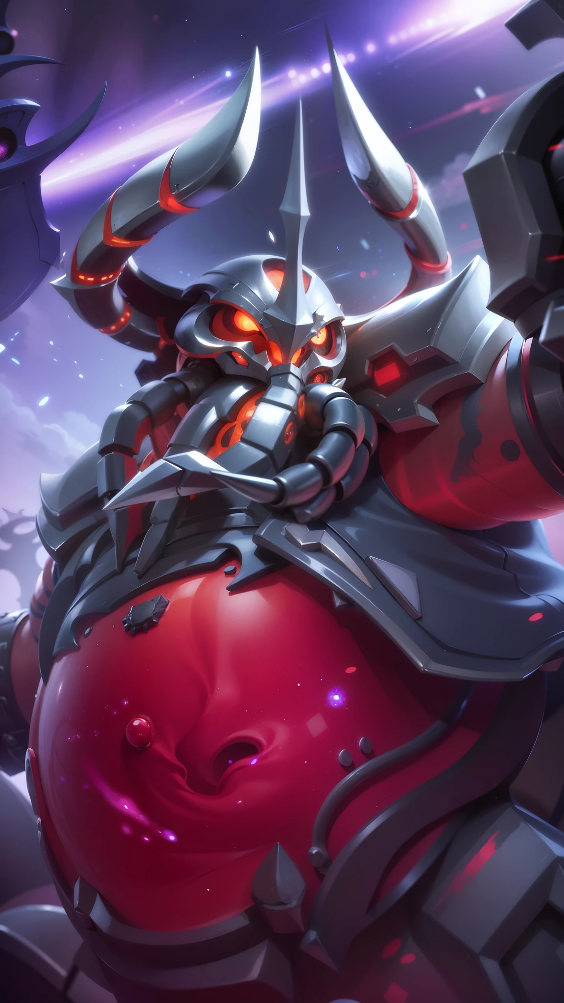 a close up of a person holding a red ball in their hand, 8k hd wallpaperjpeg artifact, 8 k hd wallpaperjpeg artifact, heroes of the storm splash art, painted portrait of mordekaiser, official splash art, splash art, onmyoji detailed art, background artwork, alien space knight, league of legends art, full art