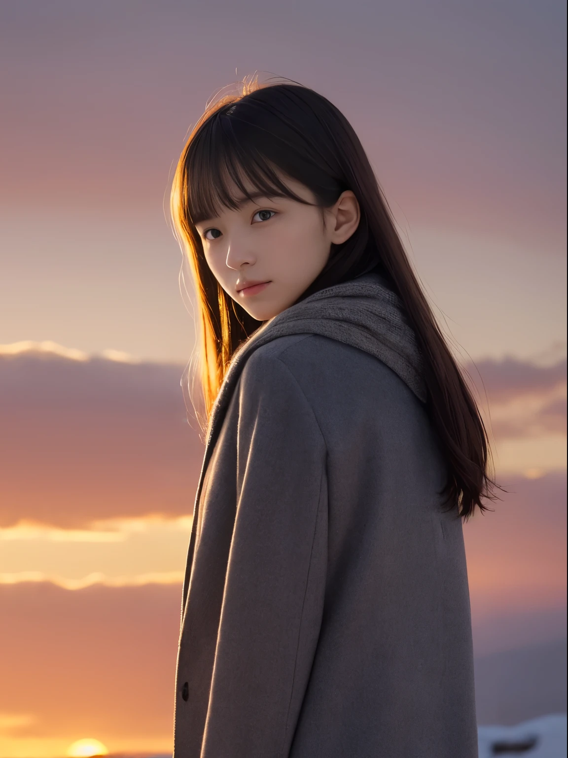 (Dressed in winter uniform with winter coat and scarf、Close up focus on the face of a slender girl with long hair with blunt bangs :1.5)、(A girl looking back with a sad face:1.5)、Scarf、light shines on your face、(Girl's hair fluttering in the wind:1.5)、(Beautiful snowy sunset red sky:1.5)、(perfect anatomy:1.3)、(no mask:1.3)、(full finger:1.3)、realistic、photograph、table top、highest quality、High resolution, delicate and beautiful、perfect face、detailed and beautiful eyes、Fair skin、real human skin、pores、((thin legs))、(black hair)