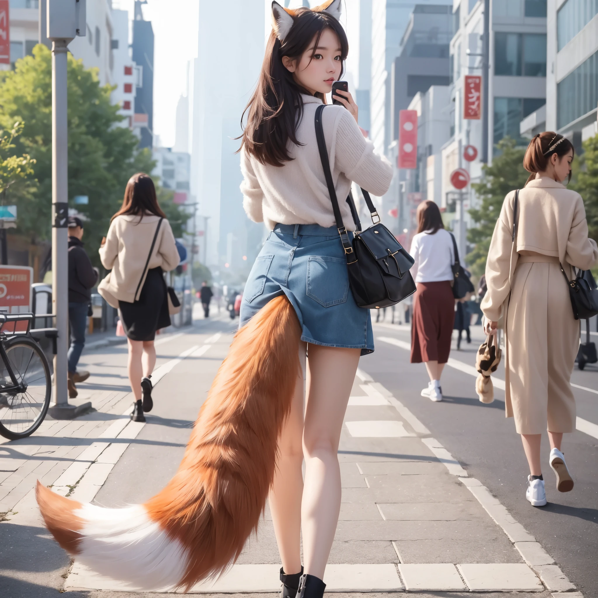 girl with a fox tail walking down a street talking on a cell phone, fox tail, hairy tail, fluffy tail, real, Cute style of women's furry mini, fox girl, fur with tail, very very beautiful fur art, wandering the streets, photograph, highest quality