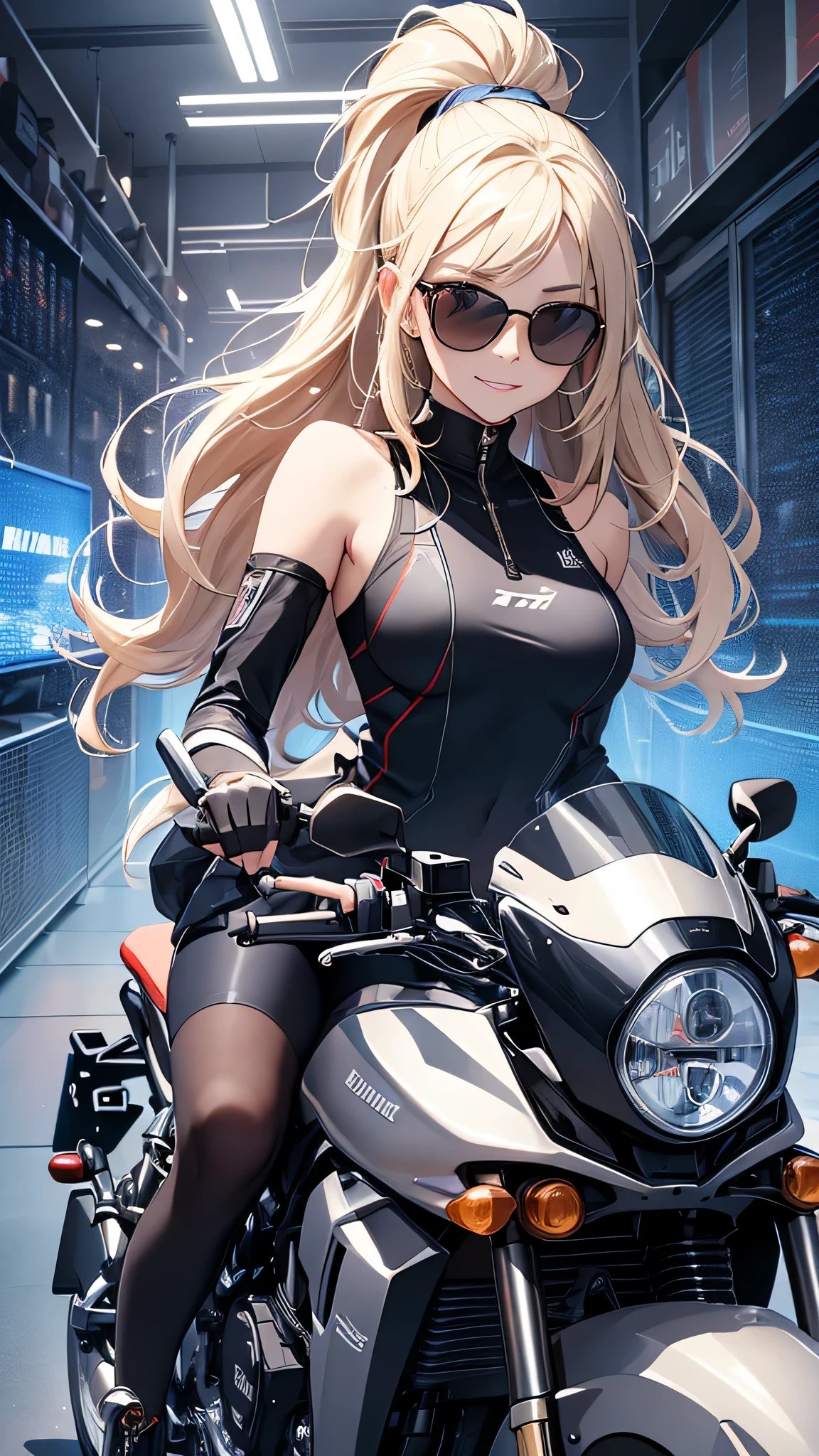 最high quality、best image quality、masterpiece、girl((20-year-old、 By becoming、vest bust、medium bust,wide open breast tea、shining eyes, blonde、long hair、thin,highest valley、ponytail、action of looking up、right arm bandage、Sportswear with a wide open chest、berry shorts、cool pose、holding a black smartphone、Cyber Sunglasses、ride a tourer bike、grin and laugh)),high quality、beautiful art、background((The road to the near future))、Flight、debris flies、Depth of written boundary、movie、visual art、perfect art、8k,genuine、