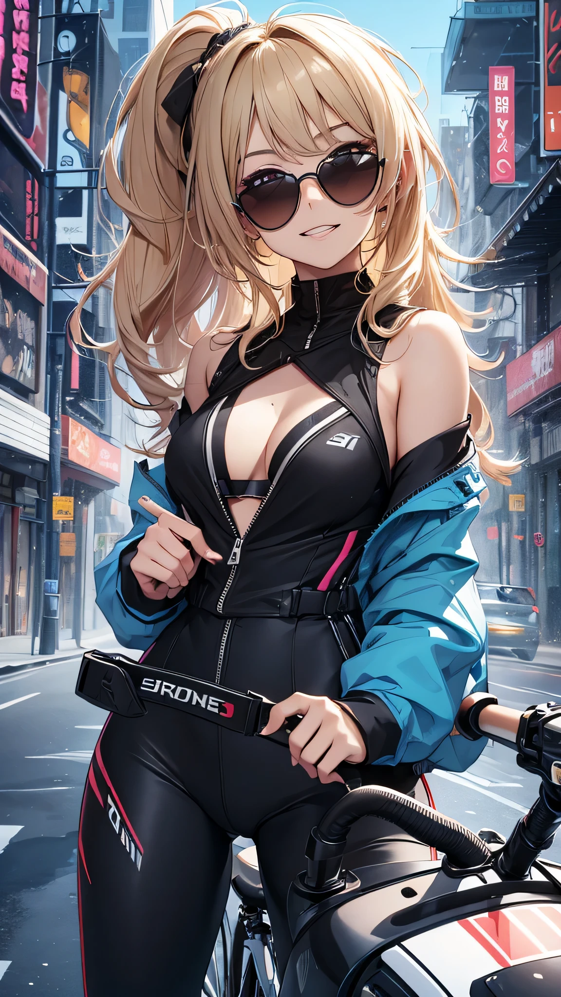 最high quality、best image quality、masterpiece、girl((20-year-old、 By becoming、vest bust、medium bust,wide open breast tea、shining eyes, blonde、long hair、thin,highest valley、ponytail、action of looking up、right arm bandage、Sportswear with a wide open chest、berry shorts、cool pose、holding a black smartphone、Cyber Sunglasses、ride a tourer bike、grin and laugh)),high quality、beautiful art、background((The road to the near future))、Flight、debris flies、Depth of written boundary、movie、visual art、perfect art、8k,genuine、
