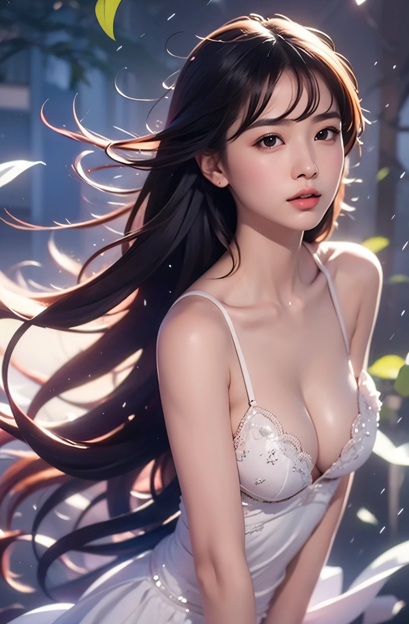 Beautiful Asian Girl, Proportional Body, Long Arms, Long Legs, bangs, medium size breasts, no make up, raining, standing straight, science fiction background, female suit