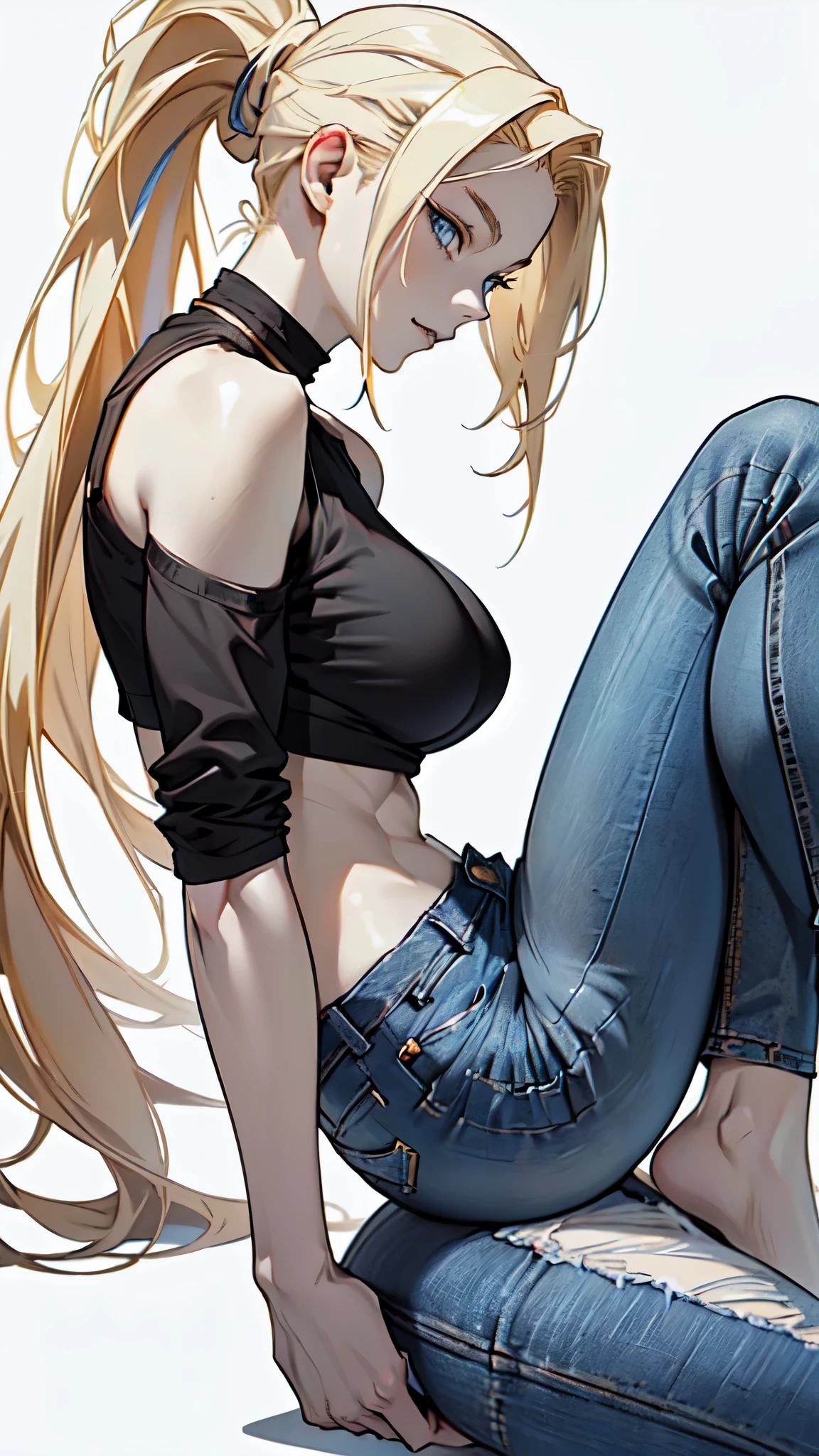 ((one girl)), close up shot of a anime girl with long thin light blonde hair tied in a ponytail looking at the viewer with a seductive look, lips half open, dynamic pose, (((pale skin))), multicolored hair blonde and blue, blue eyes, (((wearing modern urban clothes fashion, black top, jeans))), (((big breasts))), blonde anime girl with long hair, (((empty white background)))