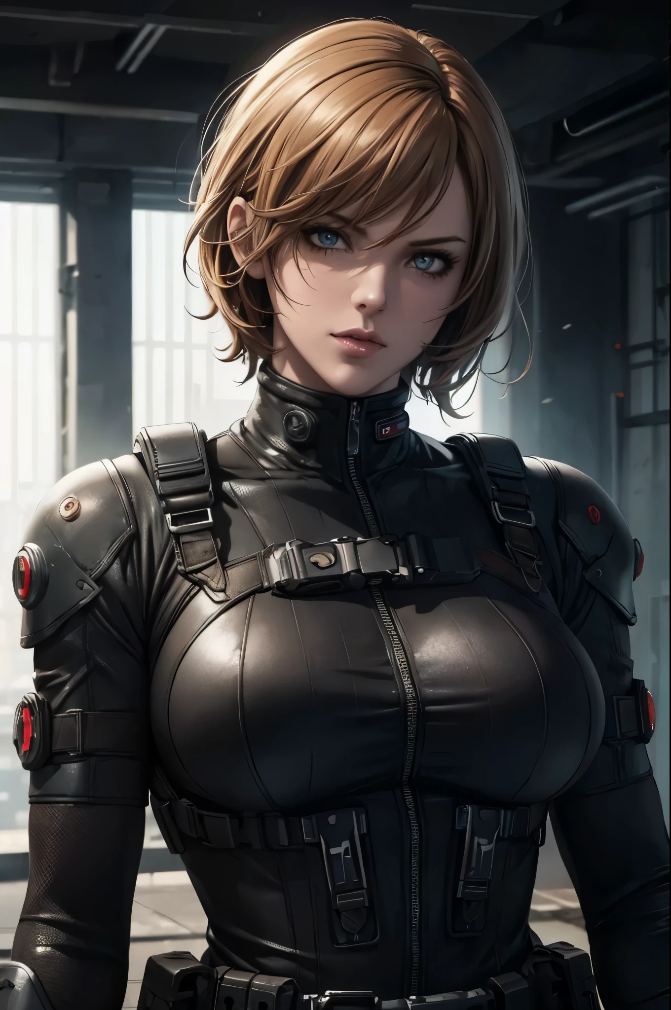 super fine illustration, ultra high resolution, masterpiece, highest quality, perfect shiny shinny skin, perfect lighting, detailed lighting, dramatic shadow, ray tracing, 1 beautiful white milf, looking at the viewer, small breasts, beautiful detailed hazel eyes, sharp face, clear eyes, red lips, long bangs, short curly hair, blond hair, ((cyberpunk dark city)), Upper body, battle suit, military harness, Alice Abernathy - Resident Evil Series, Milla Jovovich,