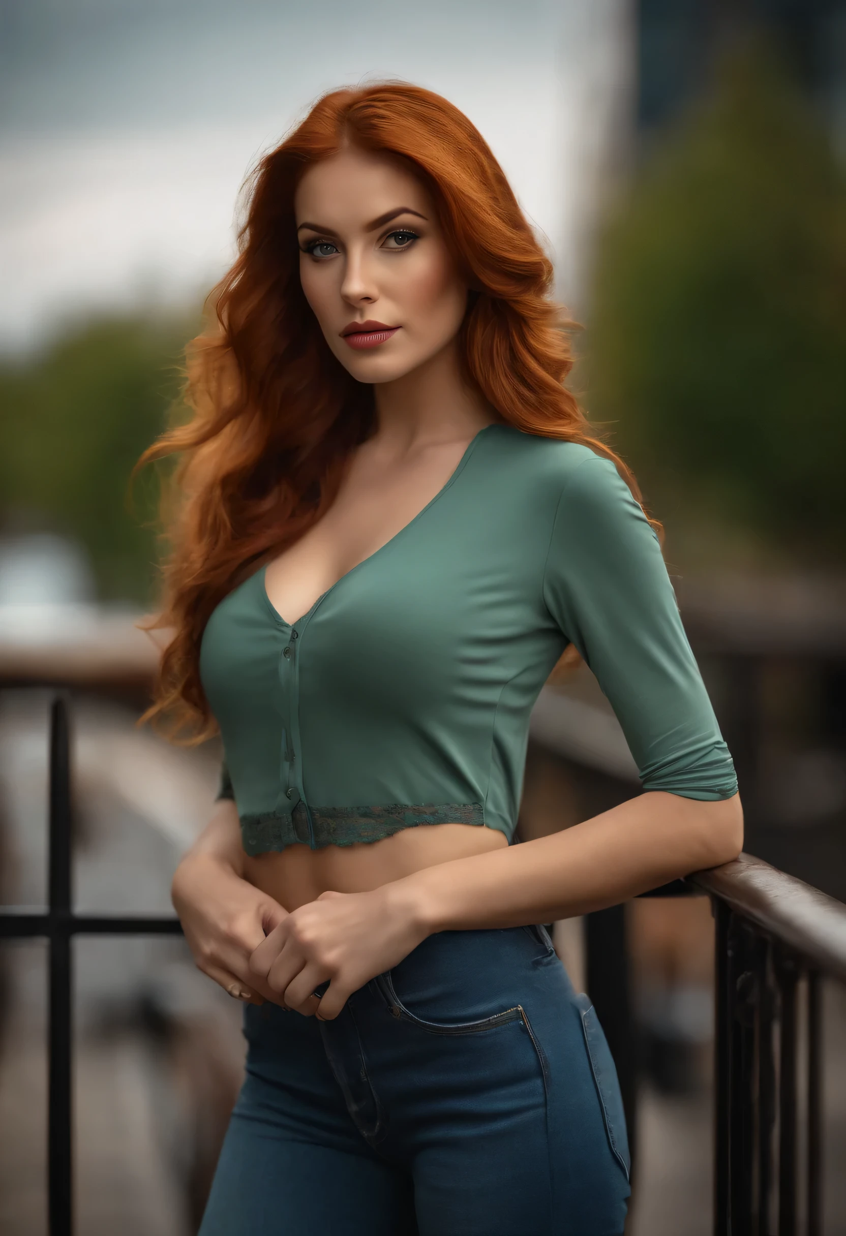 professional, (4k photo:1.1) by (Jeremy Lipking:0.3), (Dittmann Anna:0.3), (Arian Mark:0.3), (Sharp focus:1.3), high detail, wearing (tight shirt:1.2), beautiful detailed face, an attractive woman with long red hair looks into the camera, looking like actress Katherine McNamara, panasonic lumix s pro 50mm f/1.4, anne stokes, color splash, dark orange and dark emerald, ferrania p30, photo realistic, (attractive young woman:1.3), (seductive:1.1), (blushing:1.1), hourglass body shape, big round breasts, wide hips, in background city (tint: 0.6), (dirty: 0.8),
(bloody: 0.7), Key lighting, (backlight: 0.5), medium depth of field, Canon 5D, 50mm lens, f/4 aperture,
(ultra-detailed, complex detail), sharp focus, 8k, absurd, 8mm film grain, flirting with camera