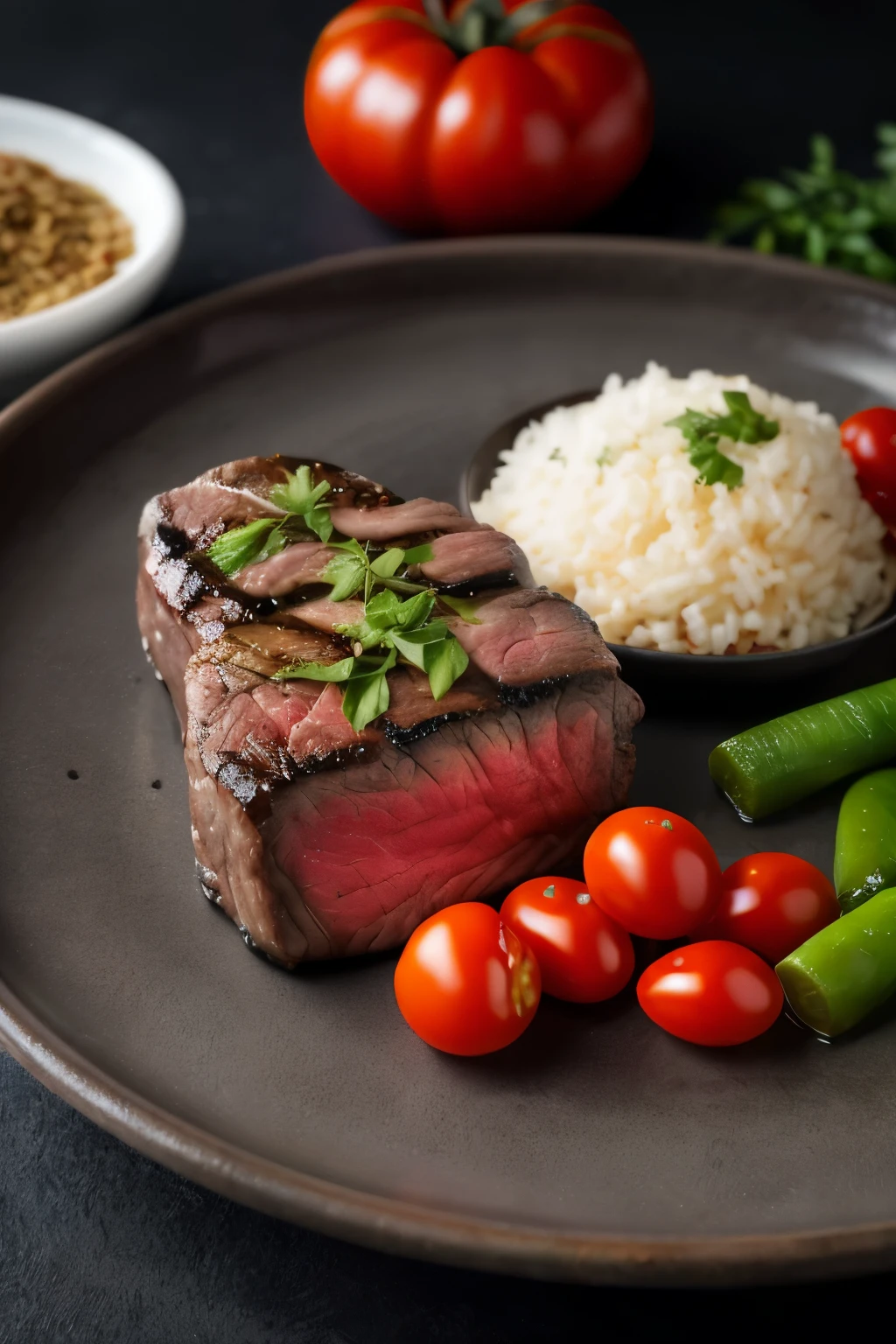 The steak, nestled on the dark background of the board, is bathed in a succulent pool of spices and tomatoes, its dark gray and crimson hues standing out in stark contrast. In this wide shot, every detail is captured in close-up precision, each textured crevice of the meat visible under the softbox lighting. The tabletop photography exudes a photo-realistic stillness, the uhd image --ar 4:3 --s2 framing the scene with meticulous clarity. The 55mm f/1.9 Steinheil Quinon lens renders every detail in soft, rich focus, ensuring that the spices and tomatoes mirror the steak