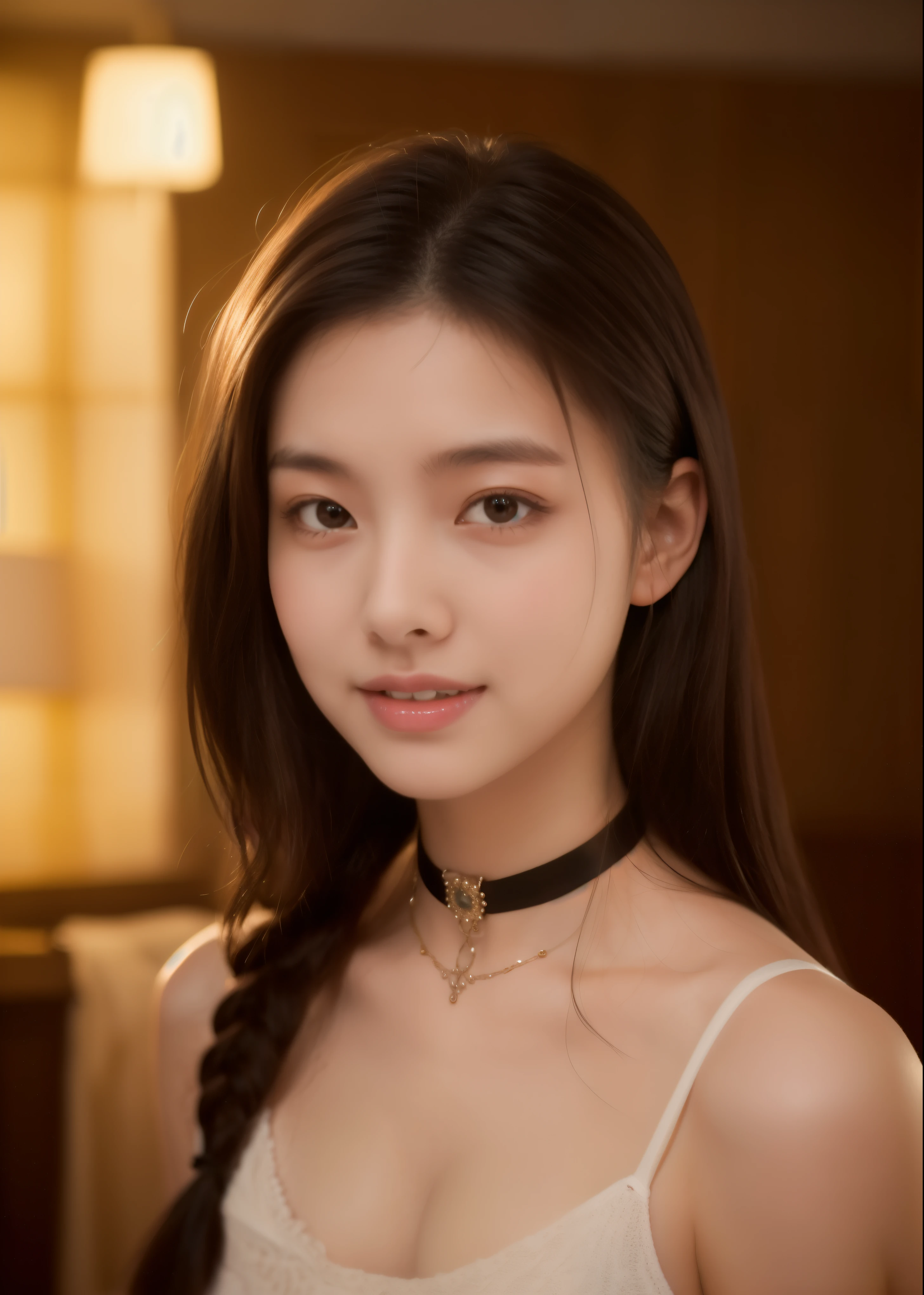 beautiful 20 year old woman。She is wearing a satin camisole、I wear a choker around my neck。 。She looks ecstatic as if she had an orgasm during sex..。her dark brown hair is braided. High resolution、masterpiece、highest quality、頭w:1.0、((Hasselblad Photos))、fine skin、fine knit、(movie lighting)、clavicle . 