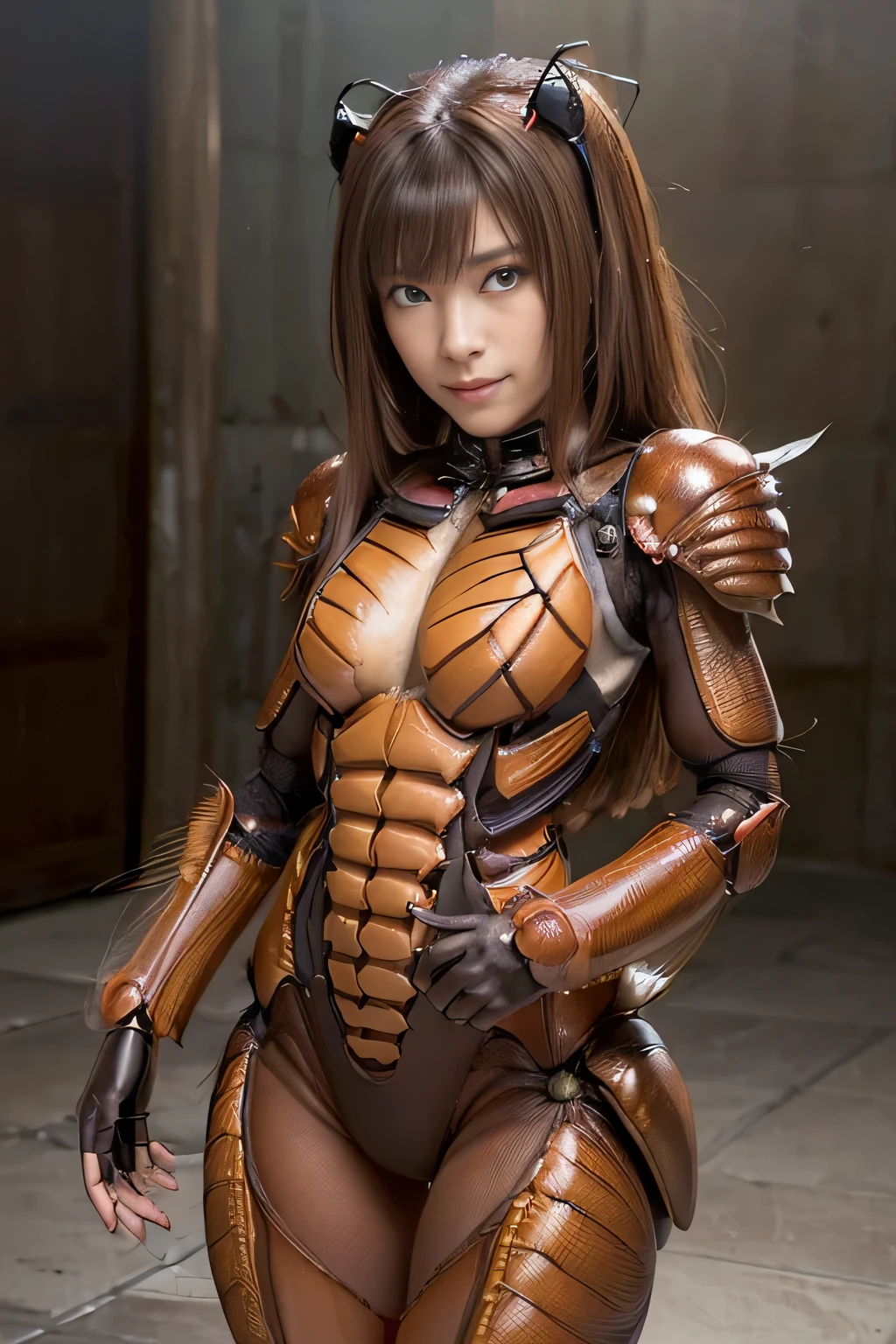 (high resolution,masterpiece,best quality,extremely detailed CG, anime, official art:1.4), realistic, photo, amazing fine details, all intricate, gloss and shiny,awesome many layers, 8k wall paper, 3d, sketch, kawaii, illustration,( solo:1.4), perfect female proportion,villainess, (fusion of dark brown cockroach and lady:1.4), (brown cockroach form lady:1.2), (brown cockroach lady:1.2), (fusion:1.2), (solo:1.4), (evil smile:1.2), muscular, abs, (cockroach brown exoskeleton bio insect suit:1.4), (cockroach brown exoskeleton bio insect armor:1.2), (brown transparency cockroach wing:1.4), (brown cockroach antennae:1.3),