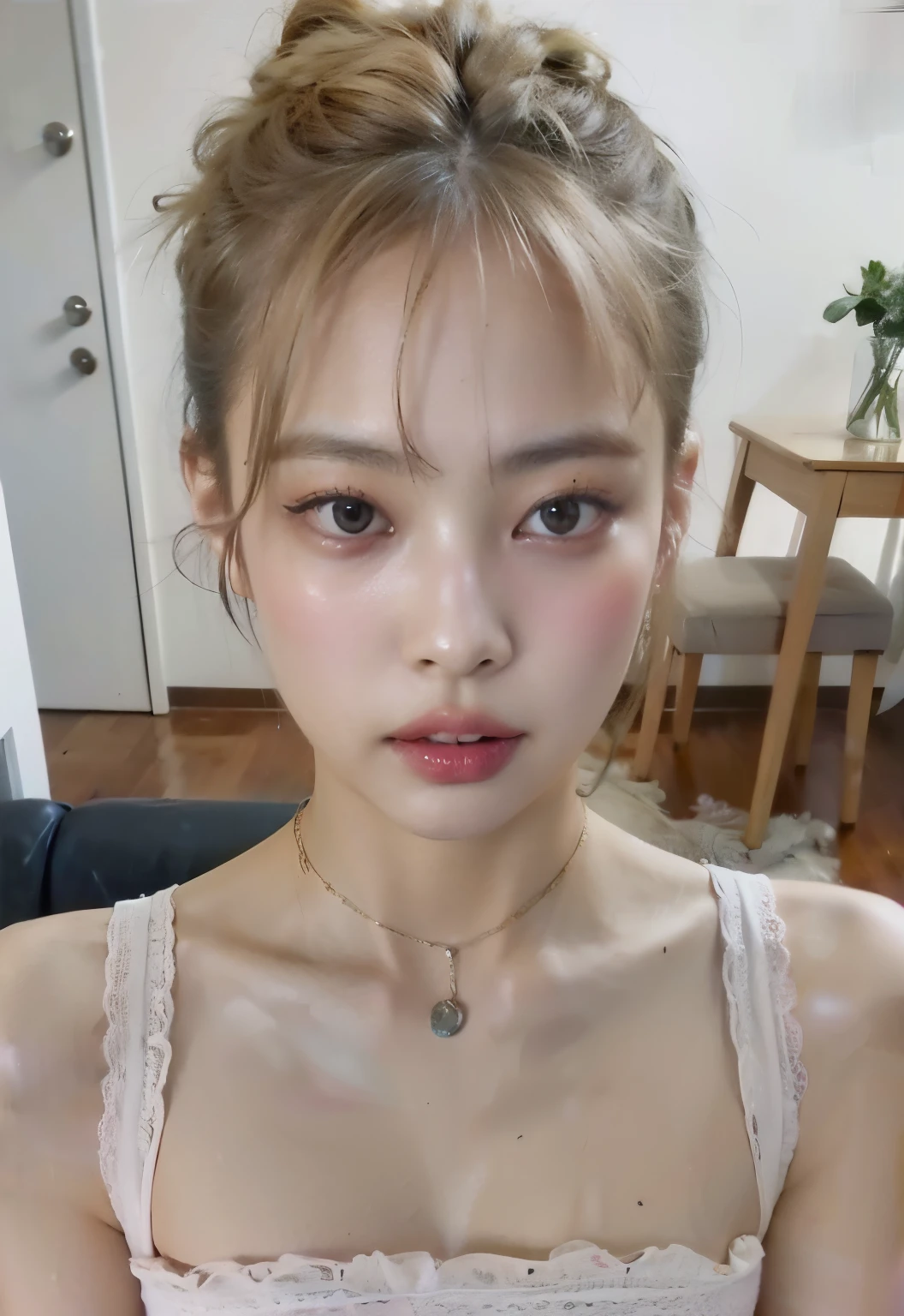 blonde woman with a messy bun in a pink dress, 18 years, 19 year old girl, cabello rubio y ojos grandes, Lalisa Manobal, cara perfecta ), 16 years old, 22 years, 🤤 girl portrait, sin maquillaje, she is about 2 0 years old, she is about 20 years old