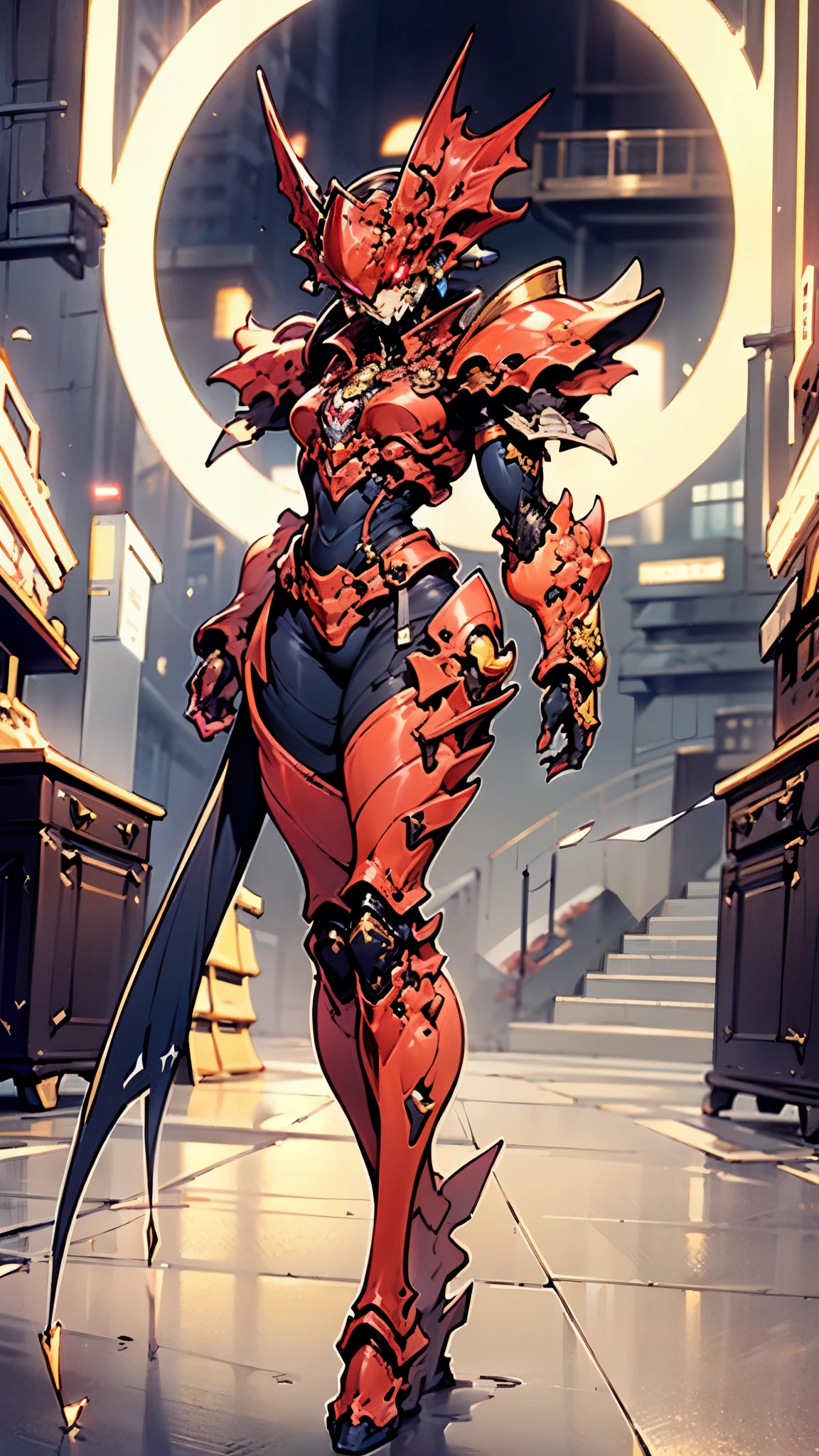 A woman adorned in fantasy-style full-body armor, a crown-concept fully enclosed helmet that unveils only her eyes, a composite layered chest plate, fully encompassing shoulder and hand guards, a lightweight waist armor, form-fitting shin guards, the overall design is heavy-duty yet flexible, ((the armor gleams with a golden glow, complemented by red and blue accents)), exhibiting a noble aura, she floats above a fantasy-surreal high-tech city, this character embodies a finely crafted fantasy-surreal style armored hero in anime style, exquisite and mature manga art style, (Queen bee mixed with Spider concept Armor, plasma, blood), ((Element, energy, elegant, goddess, femminine:1.5)), metallic, high definition, best quality, highres, ultra-detailed, ultra-fine painting, extremely delicate, professional, anatomically correct, symmetrical face, extremely detailed eyes and face, high quality eyes, creativity, RAW photo, UHD, 32k, Natural light, cinematic lighting, masterpiece-anatomy-perfect, masterpiece:1.5