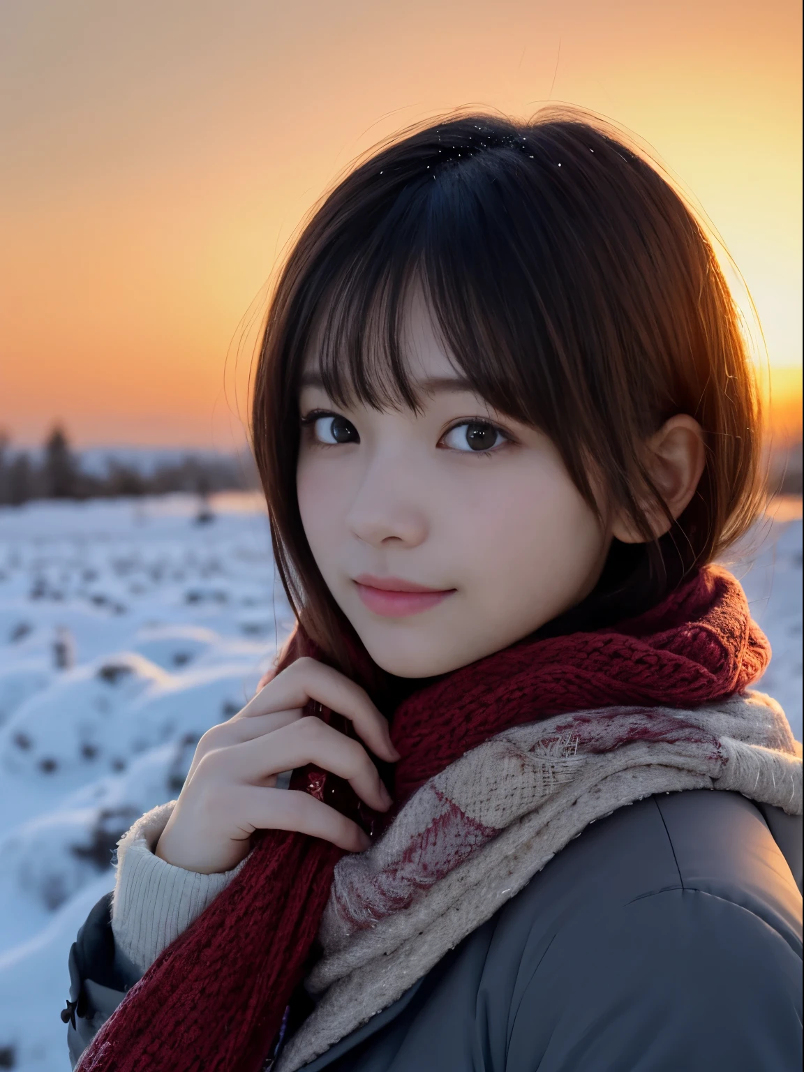 (Dressed in winter uniform with winter coat and scarf、Close up focus on the face of a slender girl with long hair with blunt bangs :1.5)、smiling girl:1.5)、Scarf、light shines on your face、(Girl's hair fluttering in the wind:1.5)、(Beautiful snowy sunset red sky:1.5)、(no mask:1.3)、(full finger:1.3)、realistic、High resolution, delicate and beautiful、perfect face、detailed and beautiful eyes、Fair skin、real human skin、pores、((thin legs))、(black hair)