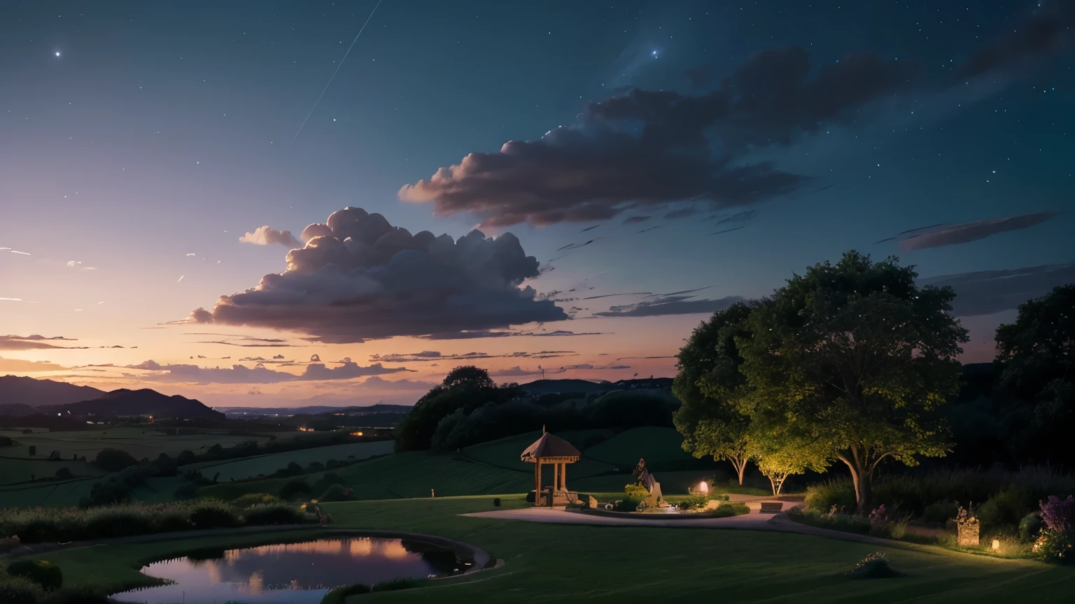 A stunning illustration of a picturesque landscape at dusk, with lush green bushes in the foreground and a vibrant purple sky filled with soft clouds in the background. The landscape is dotted with a few small, serene ponds, and the first stars are beginning to twinkle in the night sky. The overall atmosphere of the image is tranquil and enchanting, perfect for a scene from a fairy tale or a magical realm., illustration