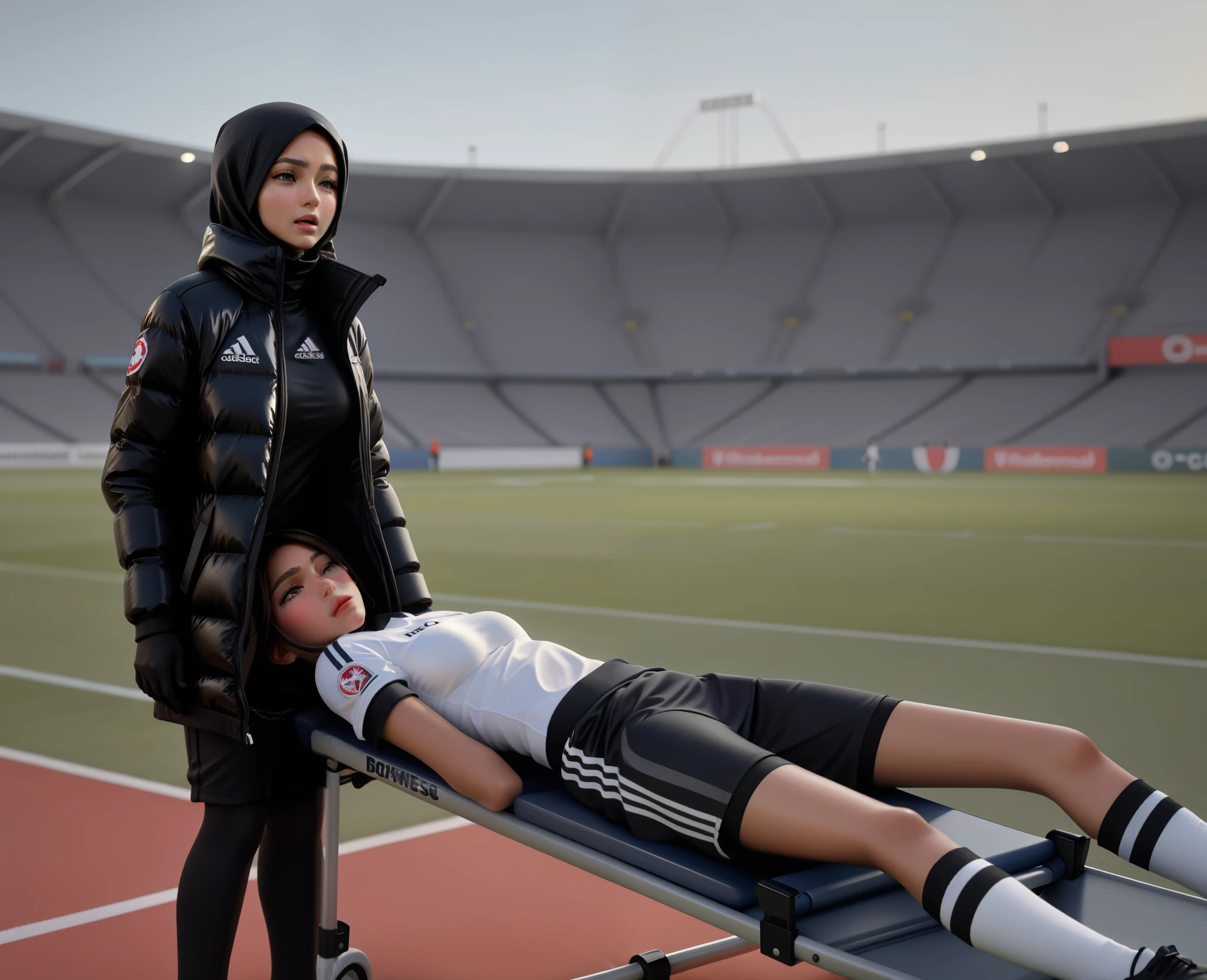 a man on a stretcher, a muslim woman is wearing a laquered Moncler downcoat made from very shiny patent fabric, lacquered and very shiny Moncler down coat, Woman in hijab carrying a man on a soccer field, Realistische Szene, realistische Aufnahme, Ein hyperrealistisches, Detaillierte Szene, a very smooth and very shiny and very glossy padded Moncler down coat, His hands cover his face, The man held his hands in front of his face, Both hands are in front of his face, Bald man on a stretcher, die von einer Frau getragen wird, Gargling woman in shiny black plastic coat in front of us with angry face and extremely horrified and desperate expression on her face from right to left across the football field, Frau, who wears a stretcher in a horizontal orientation, on which lies an injured footballer in dull and dusty blue sportswear, The footballer lies sideways on the stretcher, the legs slightly bent and the upper body turned towards us, and has both arms bent and his hands in front of his face, The footballer's head on the stretcher lies close to the women's deep black plastic coat and is covered by the footballer's arms and hands, The footballer in the Cotton Sportswear mat has his hands clasped in front of his face in pain, eine Aura des Schmerzes und der Traurigkeit ausstrahlend, The beautiful woman in the shiny black plastic coat carries the injured soccer player on the stretcher, which she carries across the soccer field in front of our eyes, In the background you can see the occupied stands of a football stadium, A football match in Italy, Sportverletzung, Transport auf der Trage, Jennifer Lopez, high res photo, Ultra-realistisches Foto, Fotorealistische Aufnahme, Super high-resolution and sharp photo, Shiny black plastic burqa, Bester Schuss, Beeindruckendes Gewinnerfoto, realistische Aufnahme, Perfekter Schuss, verletzt, Intensiver Moment, 📷