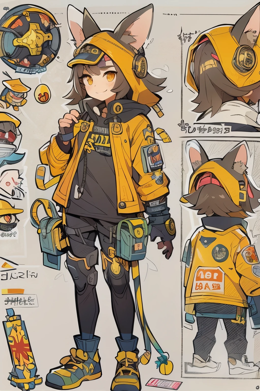 Boyish girl and creepy cute monster buddy、anime-like、Adventurer、A determined smile、Brown hair with light blue mesh、Monocle with analytical ability、Sporty、Emblem with the Ouroboros ring motif、cap with cat ears、He is equipped with a mechanical gauntlet on his right hand.、orange hoodie、Knee guard、lace up boots、One Shoulder Bag、。character design sheet、The monster is inspired by Giger.、ExpeditionStyle、Monster is mshn robo style、Card game style