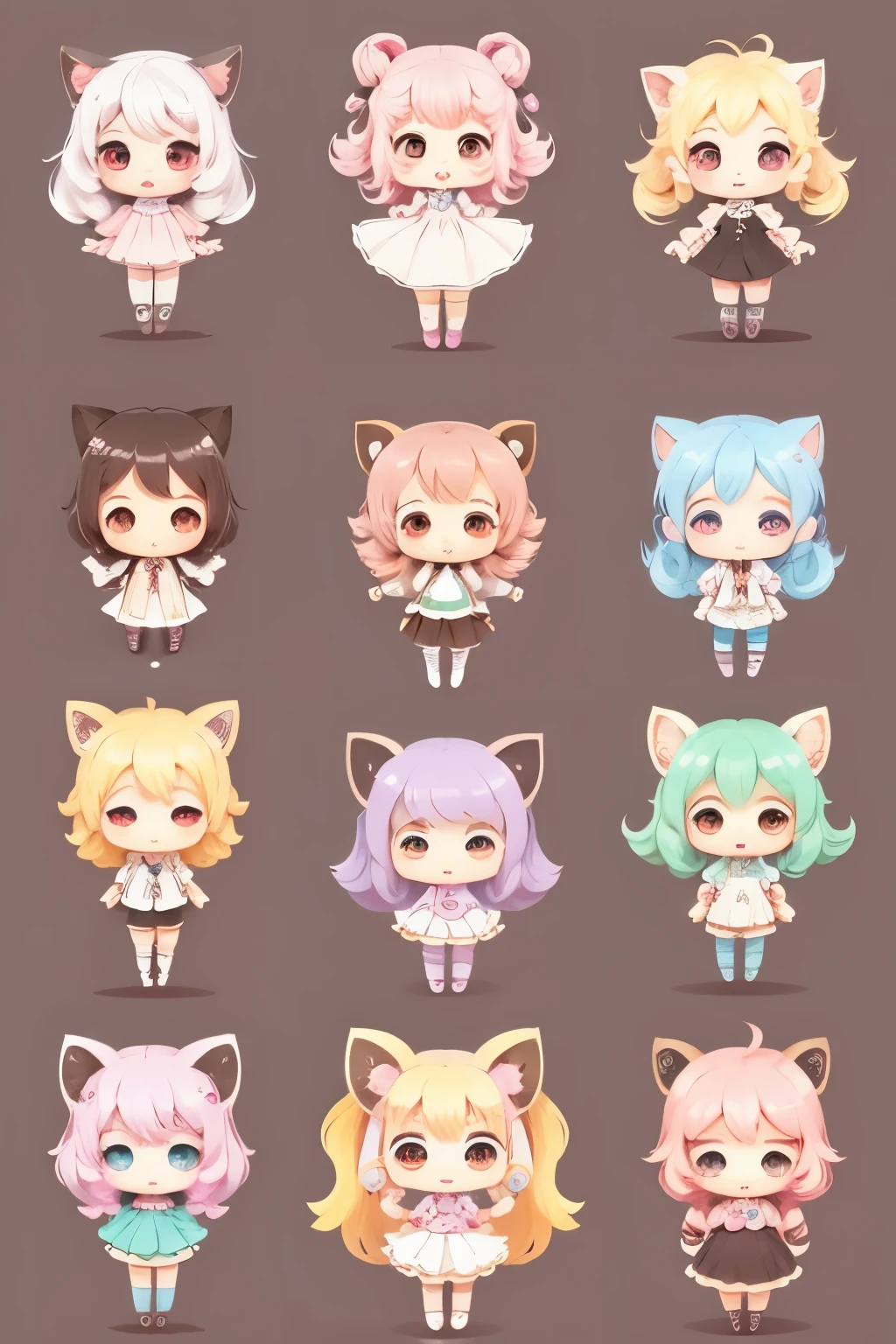 best quality, small, cute, chibi character design sheet, pastel color background