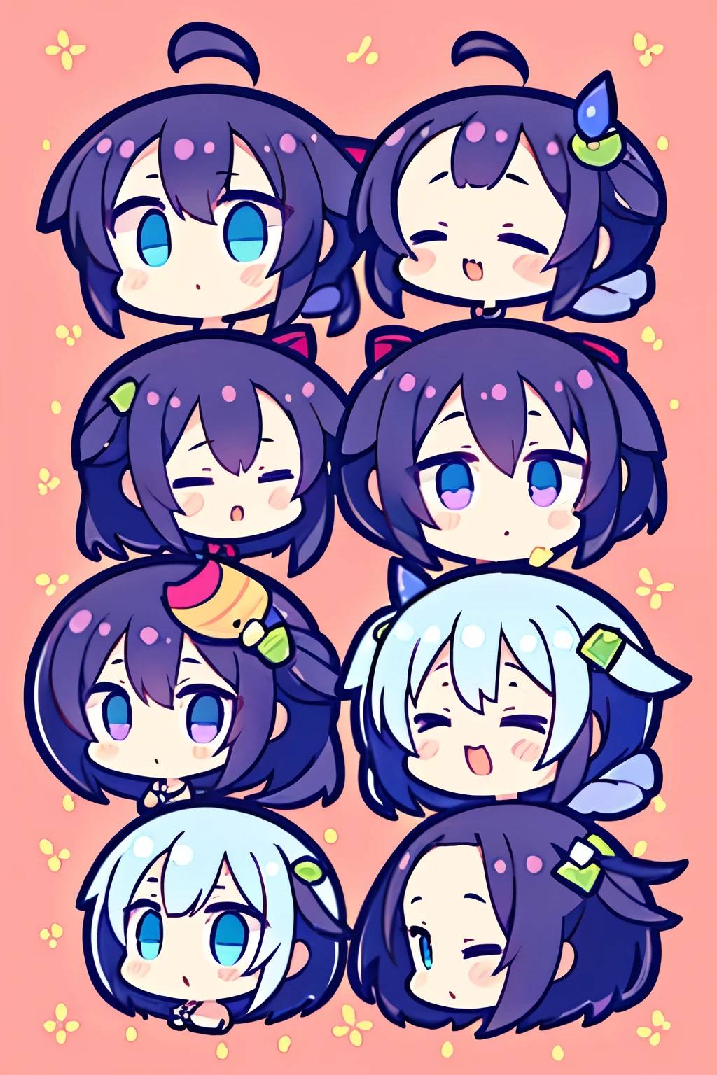 best quality, small, cute, chibi character design sheet, pastel color background