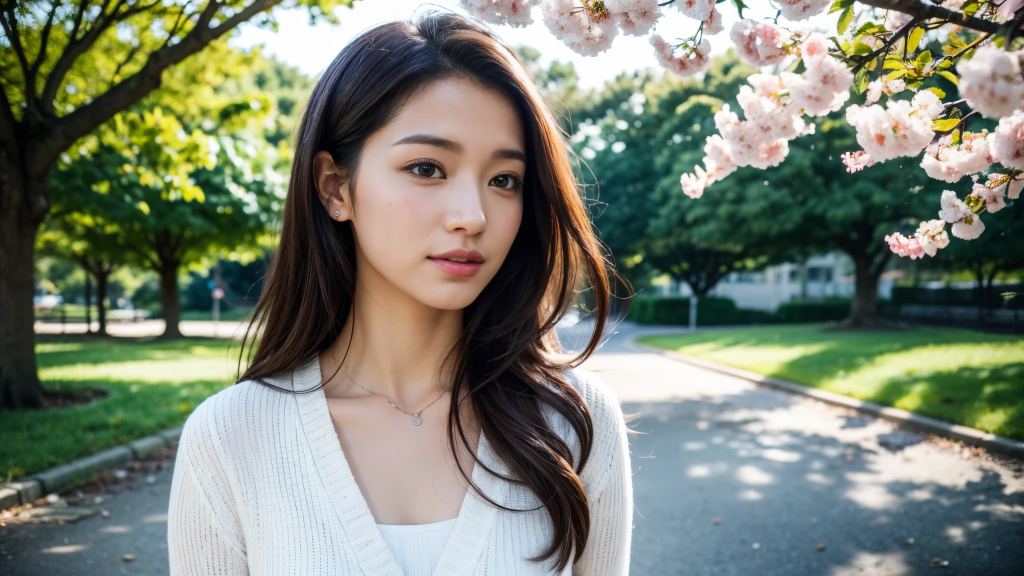 dressed, (photo realistic:1.4), (hyper realistic:1.4), (realistic:1.3), (smoother lighting:1.05), (increase cinematic lighting quality:0.9), 32K, 1girl,20yo girl, realistic lighting, backlighting, light on the face, ray trace, (brightening light:1.2), (Increase quality:1.4), (best quality real texture skin:1.4), finely detailed eyes, finely detailed happy face, finely quality eyes, (tired and sleepy and satisfied:0.0), face closeup, Take a walk in the park with cherry blossoms, (Increase body line mood:1.1), (Increase skin texture beauty:1.1)