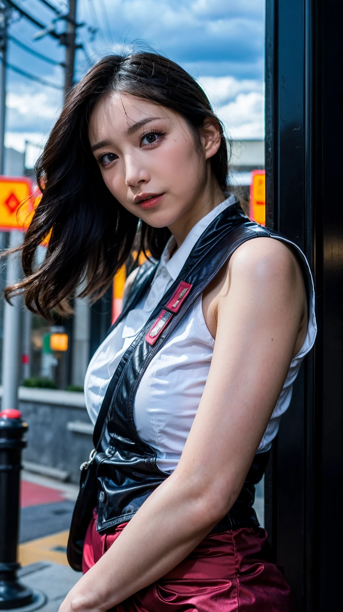 1 Japanese girl, warframe, complicated pattern, heavy metal, energy line, faceless, shining eyes, elegant, intense, blood red and black uniform, alone, modern, city, street, dark clouds, thunderstorm, heavy rain,, dramatic lighting,, (masterpiece:1.2), highest quality, High resolution,   beautiful, very detailed, perfect lighting,