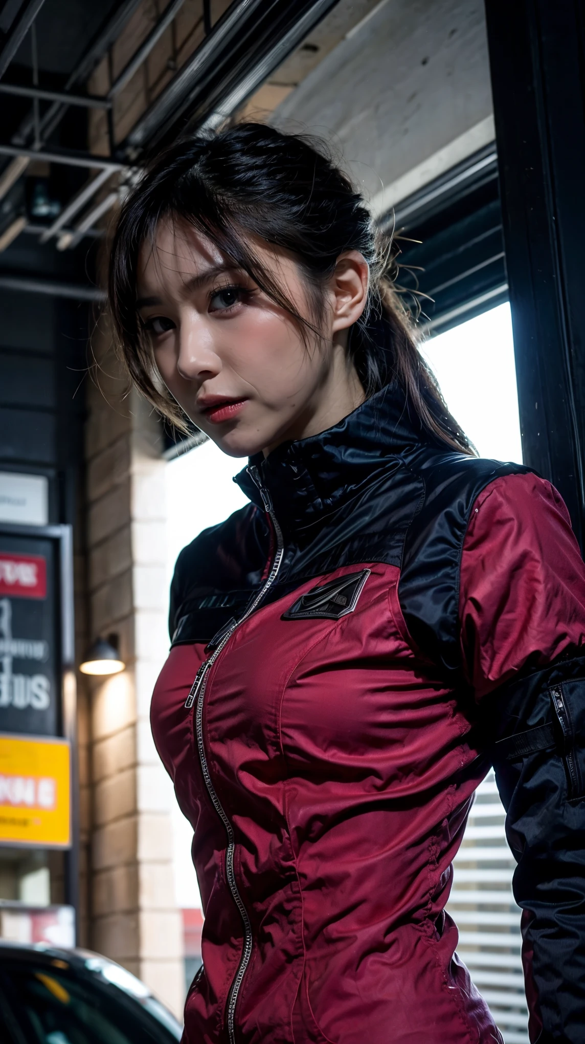 1 Japanese girl, warframe, complicated pattern, heavy metal, energy line, faceless, shining eyes, elegant, intense, blood red and black uniform, alone, modern, city, street, dark clouds, thunderstorm, heavy rain,, dramatic lighting,, (masterpiece:1.2), highest quality, High resolution,   beautiful, very detailed, perfect lighting,