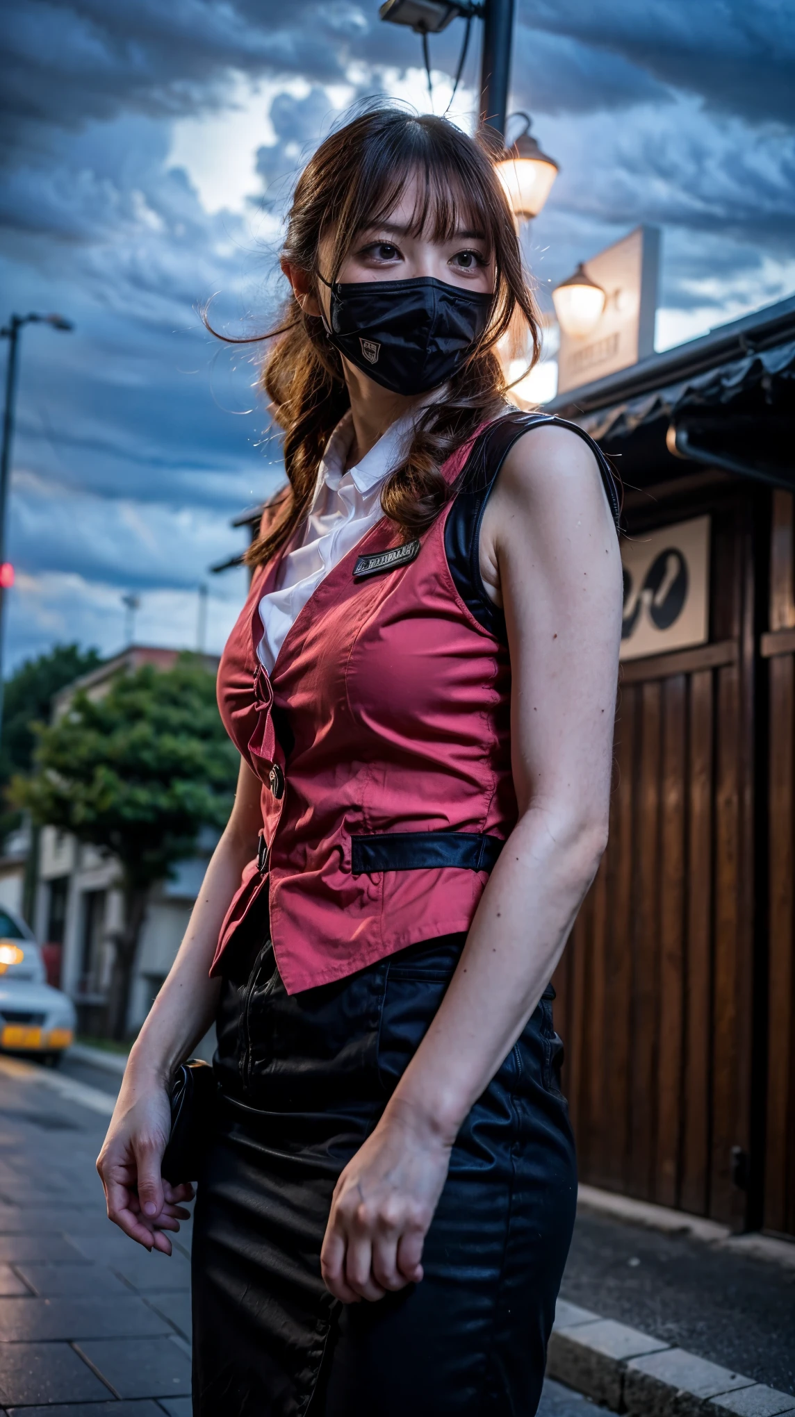 1 Japanese girl, warframe, complicated pattern, heavy metal, energy line, faceless, shining eyes, elegant, intense, blood red and black uniform, alone, modern, city, street, dark clouds, thunderstorm, heavy rain,, dramatic lighting,, (masterpiece:1.2), highest quality, High resolution, beautiful, very detailed, perfect lighting,