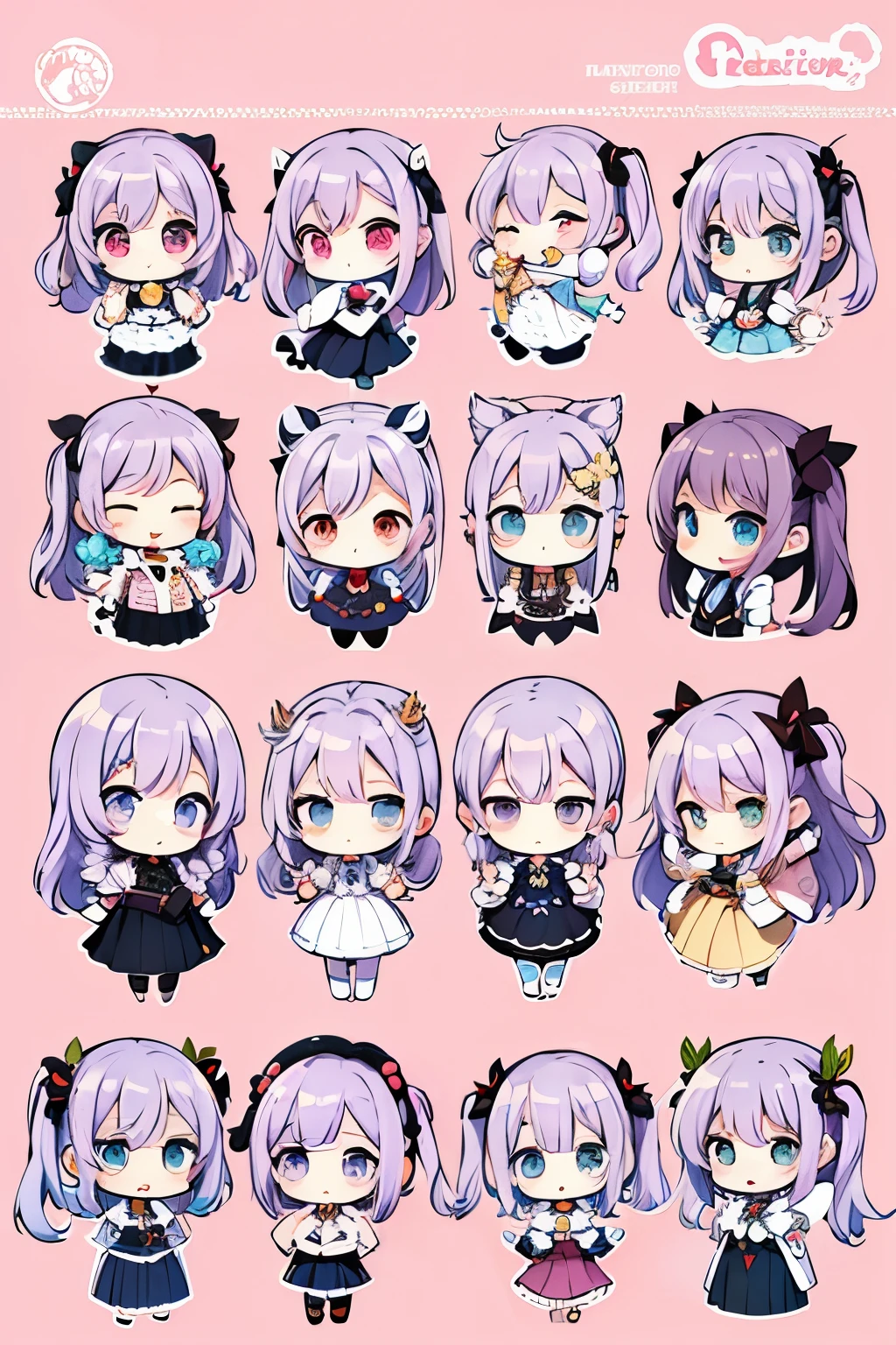 best quality, small, cute, chibi character design sheet, pastel color background