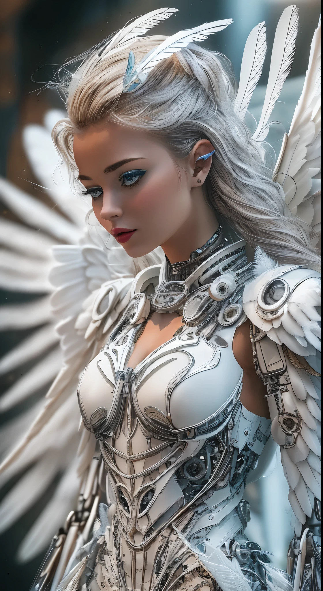 Close-up of a woman in a white dress with wings, full body angel, futuristic robot angel, amazing angel wings, angel knight gothic girl, angel in plastic armor, intricate costume designs, As a mysterious Valkyrie, The whole body is made of white feathers,, futuristic and fantastic, white wings, beautiful angel wings, steampunk angel, beautiful cyborg angel girl, graceful wings