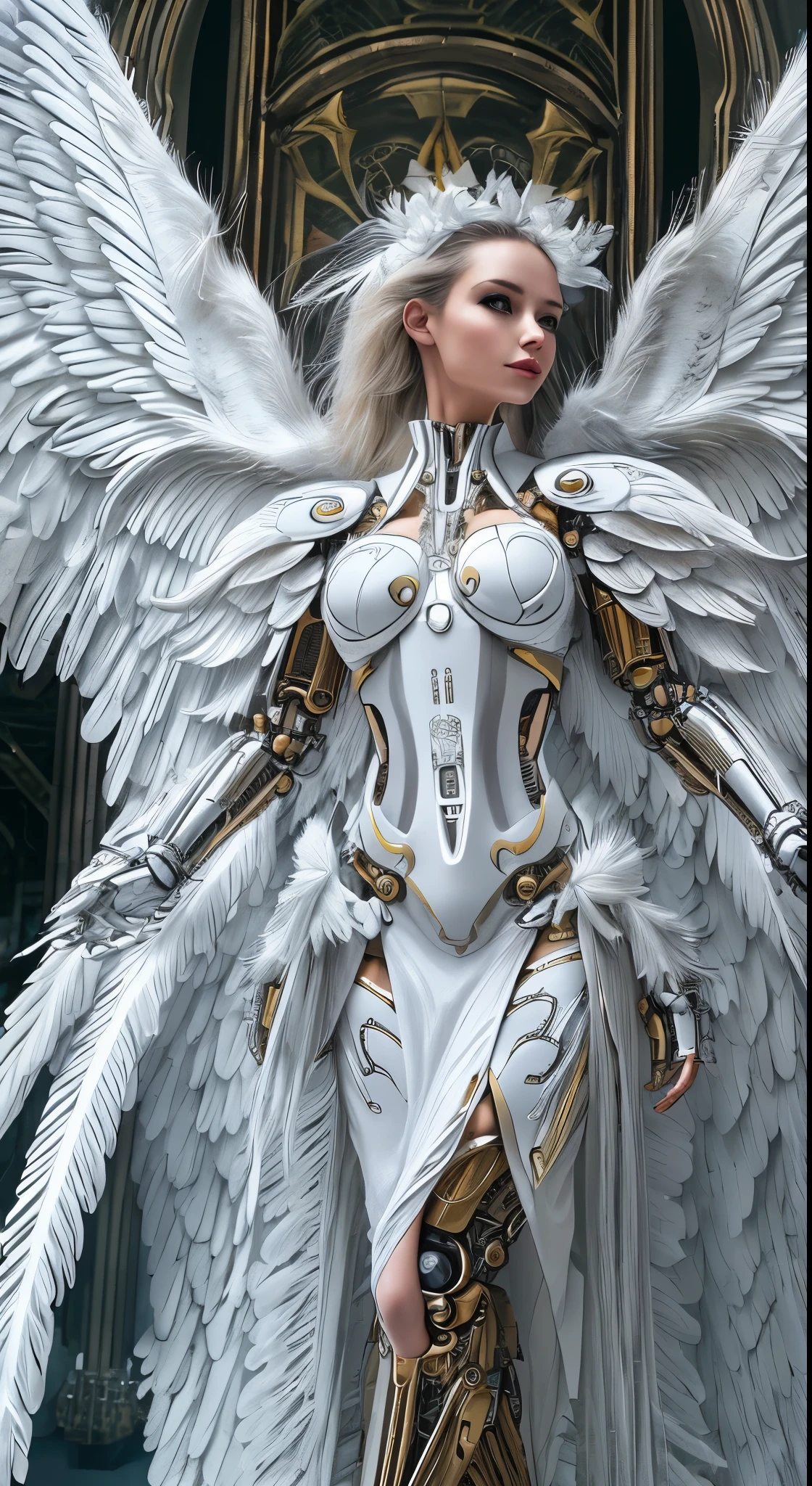 Close-up of a woman in a white dress with wings, full body angel, futuristic robot angel, amazing angel wings, angel knight gothic girl, angel in plastic armor, intricate costume designs, As a mysterious Valkyrie, The whole body is made of white feathers,, futuristic and fantastic, white wings, beautiful angel wings, steampunk angel, beautiful cyborg angel girl, graceful wings