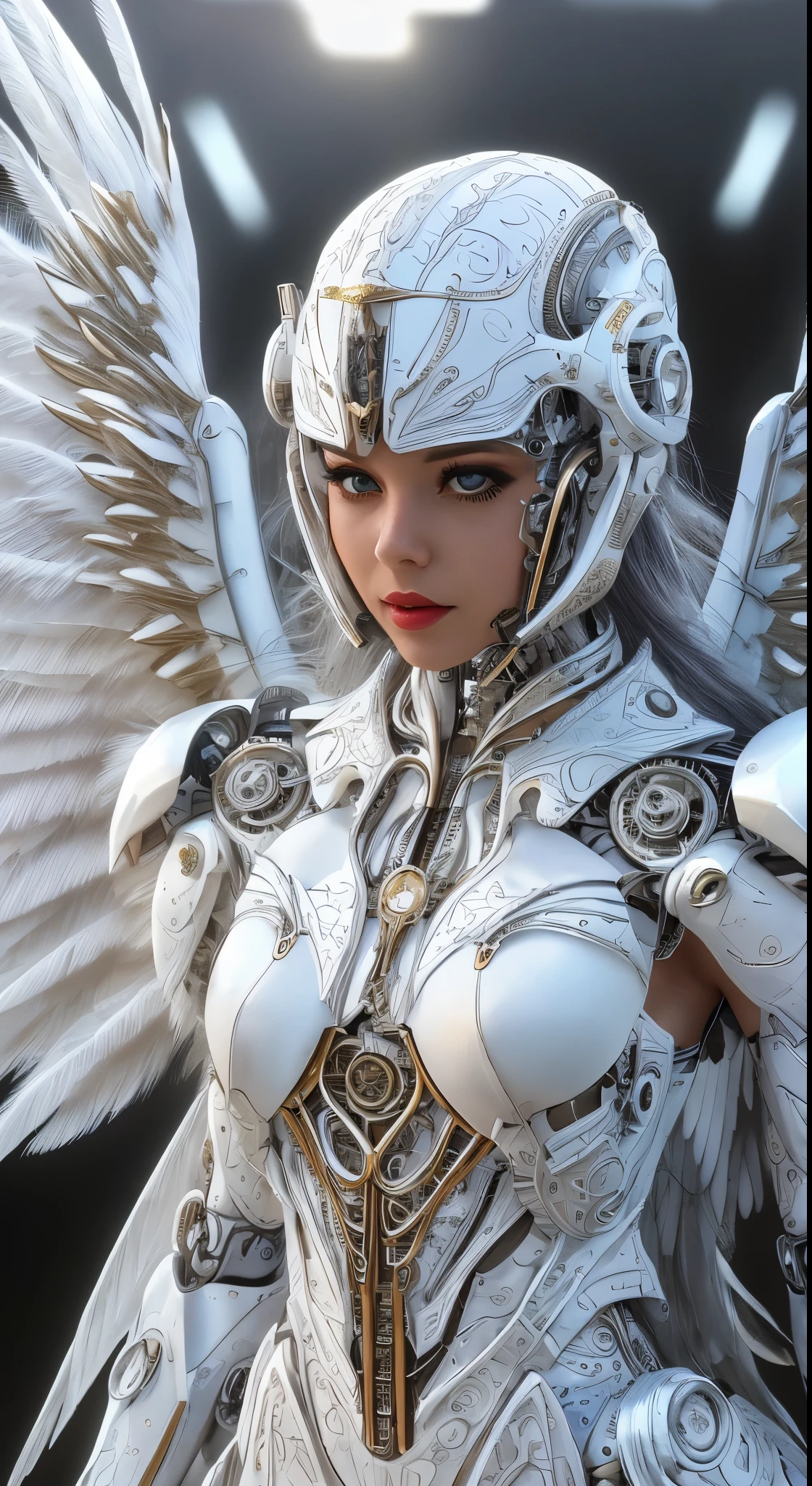 Close-up of a woman in a white dress with wings, full body angel, futuristic robot angel, amazing angel wings, angel knight gothic girl, angel in plastic armor, intricate costume designs, As a mysterious Valkyrie, The whole body is made of white feathers,, futuristic and fantastic, white wings, beautiful angel wings, steampunk angel, beautiful cyborg angel girl, graceful wings