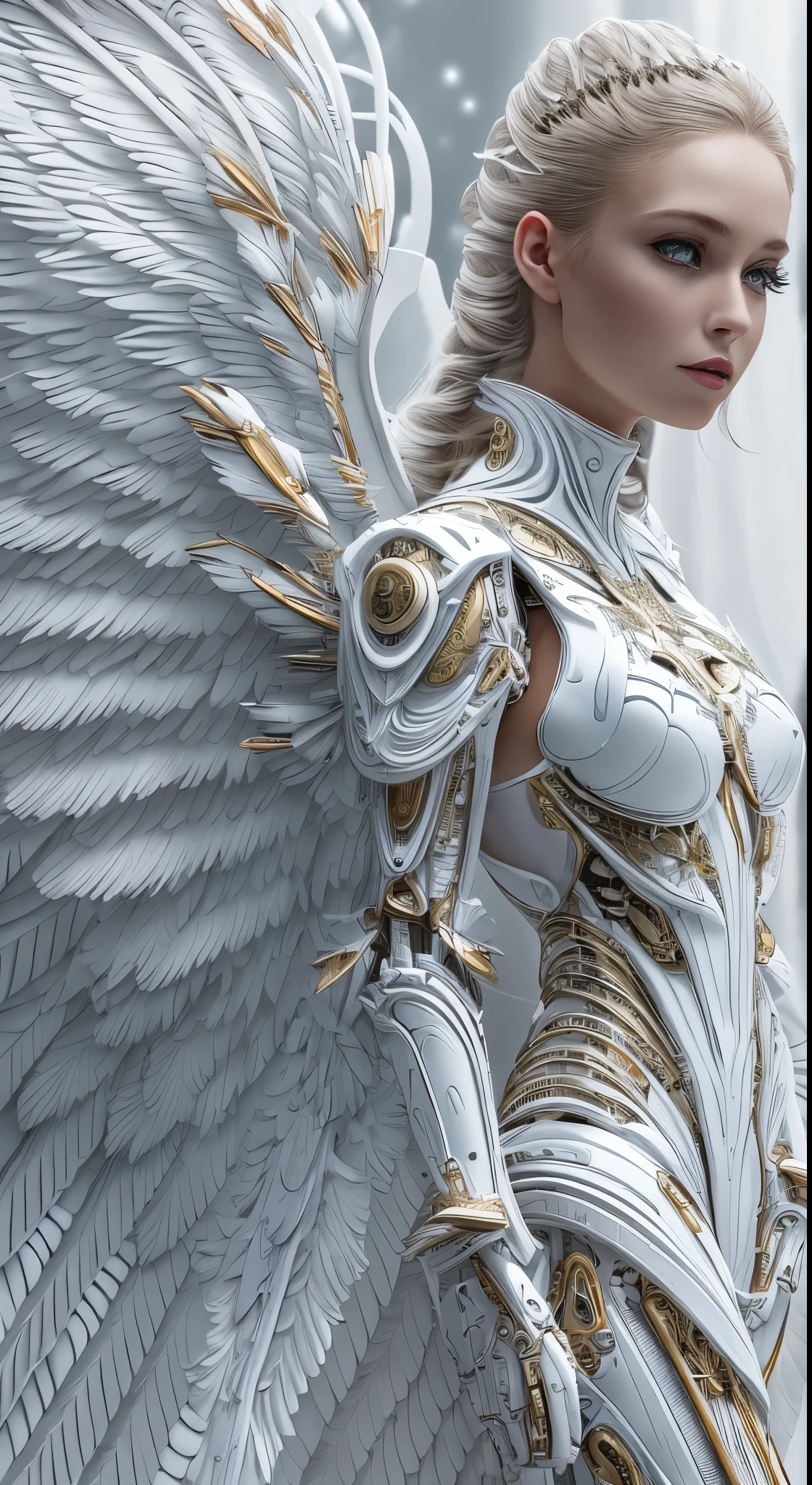 Close-up of a woman in a white dress with wings, full body angel, futuristic robot angel, amazing angel wings, angel knight gothic girl, angel in plastic armor, intricate costume designs, As a mysterious Valkyrie, The whole body is made of white feathers,, futuristic and fantastic, white wings, beautiful angel wings, steampunk angel, beautiful cyborg angel girl, graceful wings