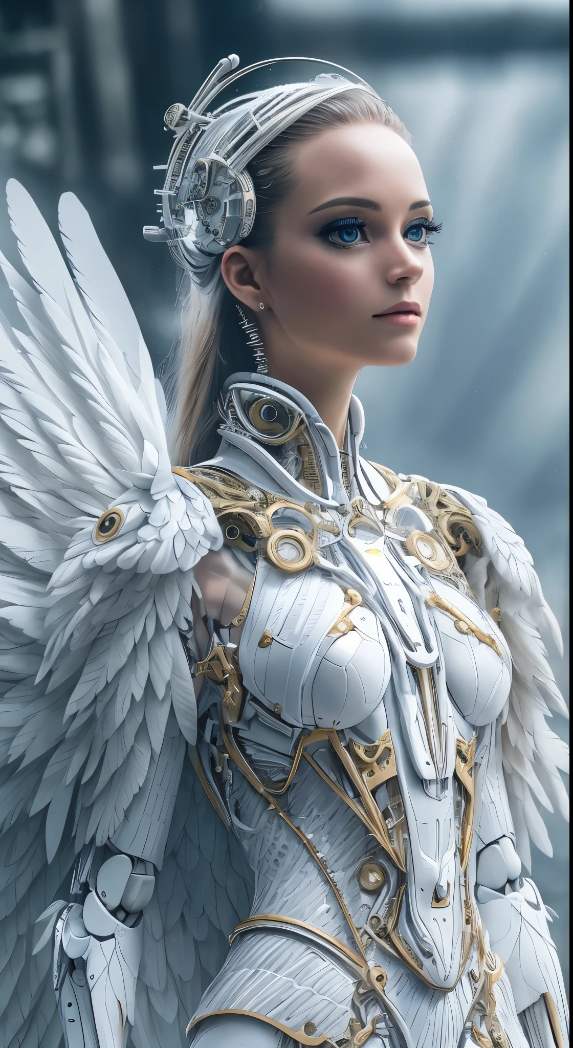 Close-up of a woman in a white dress with wings, full body angel, futuristic robot angel, amazing angel wings, angel knight gothic girl, angel in plastic armor, intricate costume designs, As a mysterious Valkyrie, The whole body is made of white feathers,, futuristic and fantastic, white wings, beautiful angel wings, steampunk angel, beautiful cyborg angel girl, graceful wings